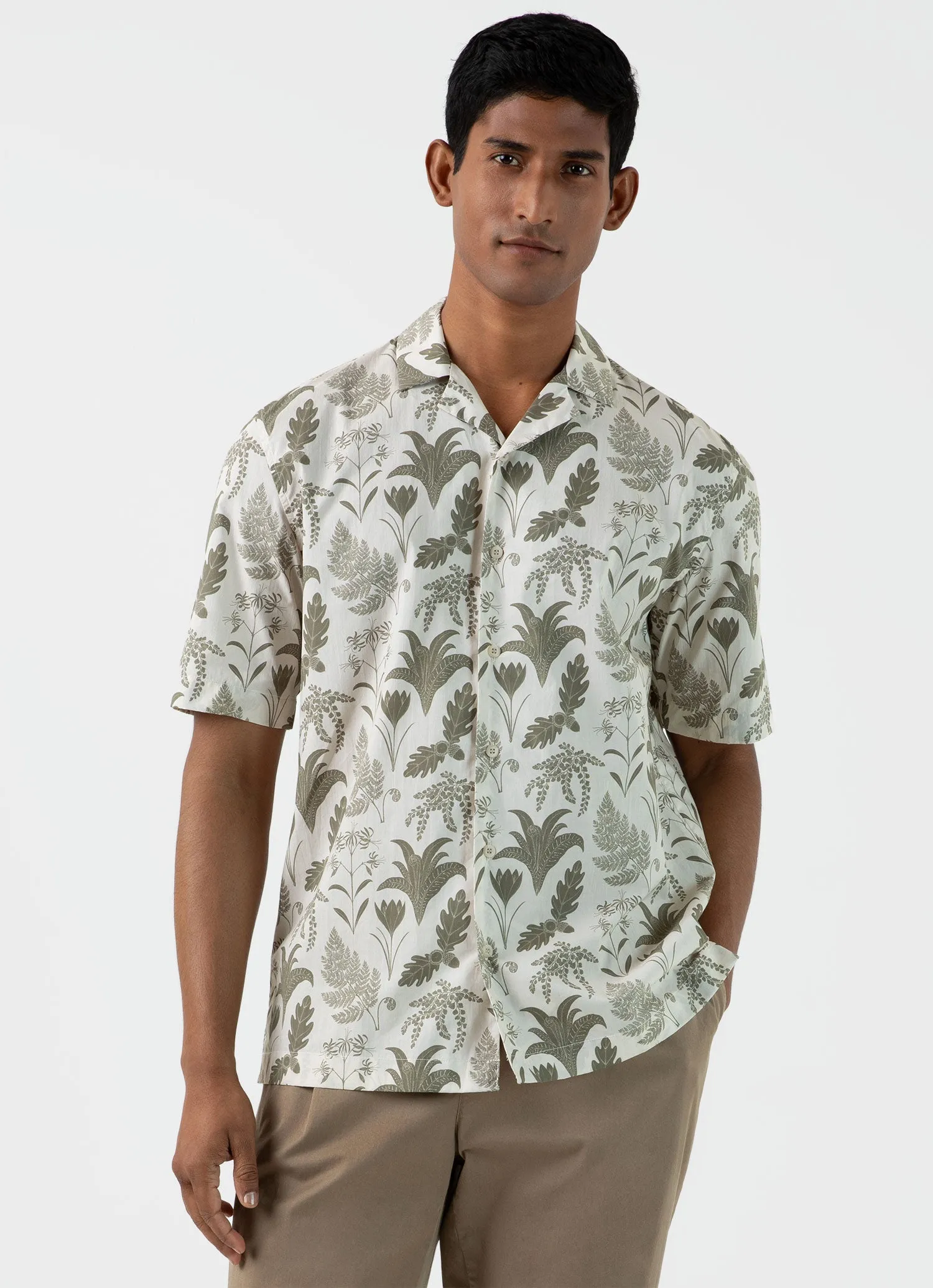 Men's Leaf Print Camp Collar Shirt in Ecru sold by Sunspel product image thumbnail 2
