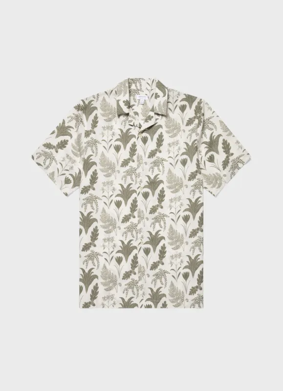 Men's Leaf Print Camp Collar Shirt in Ecru sold by Sunspel