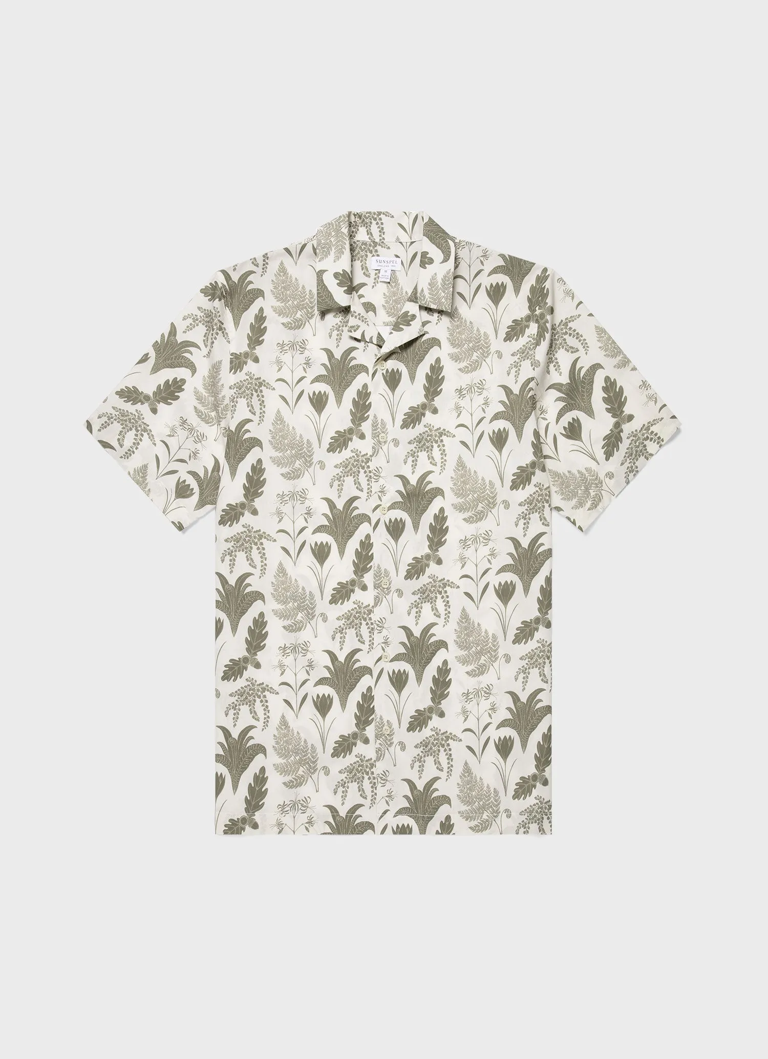 Men's Leaf Print Camp Collar Shirt in Ecru sold by Sunspel