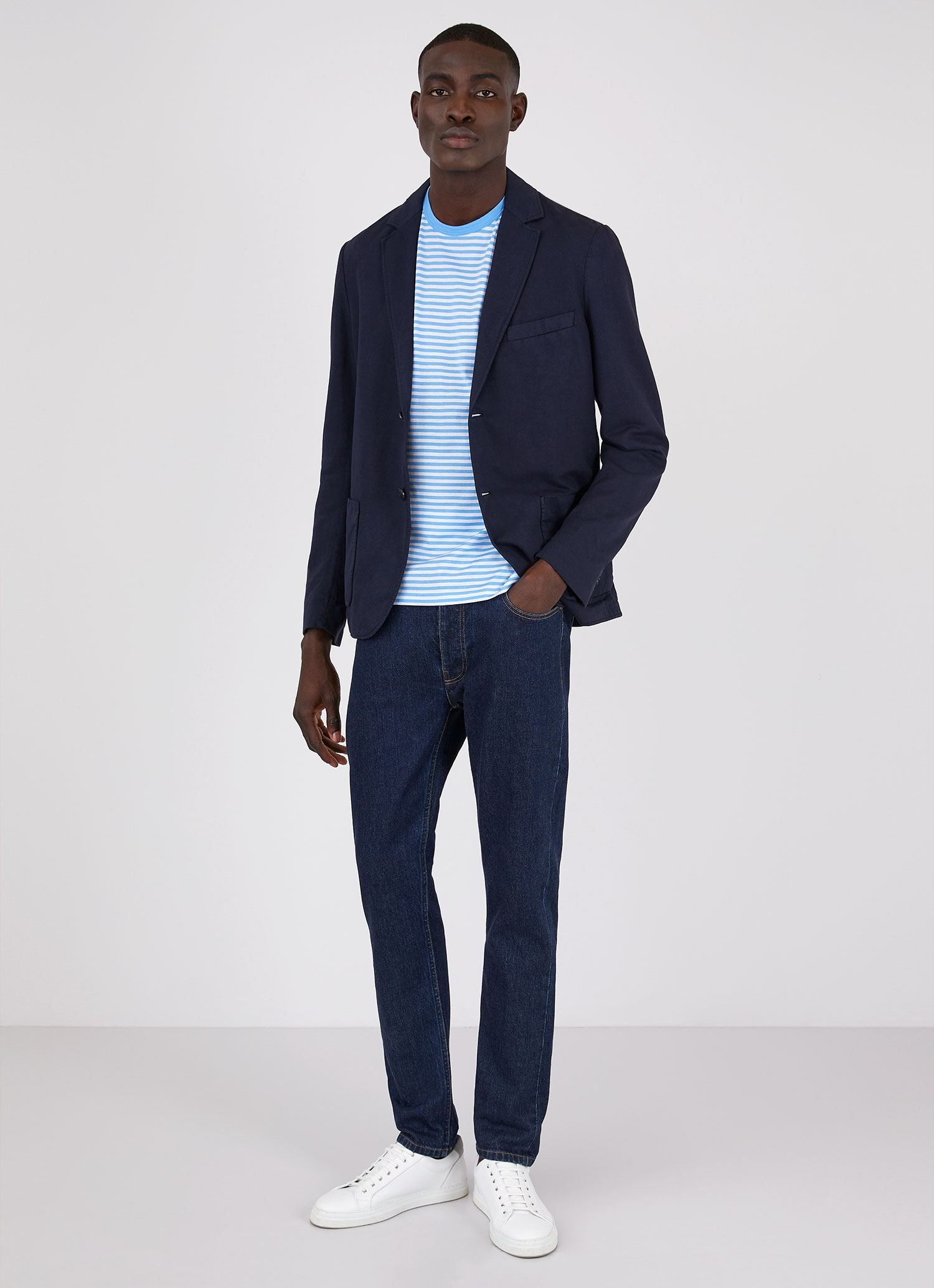 Men's Classic T-shirt in White/Mid Blue English Stripe sold by Sunspel product image thumbnail 3