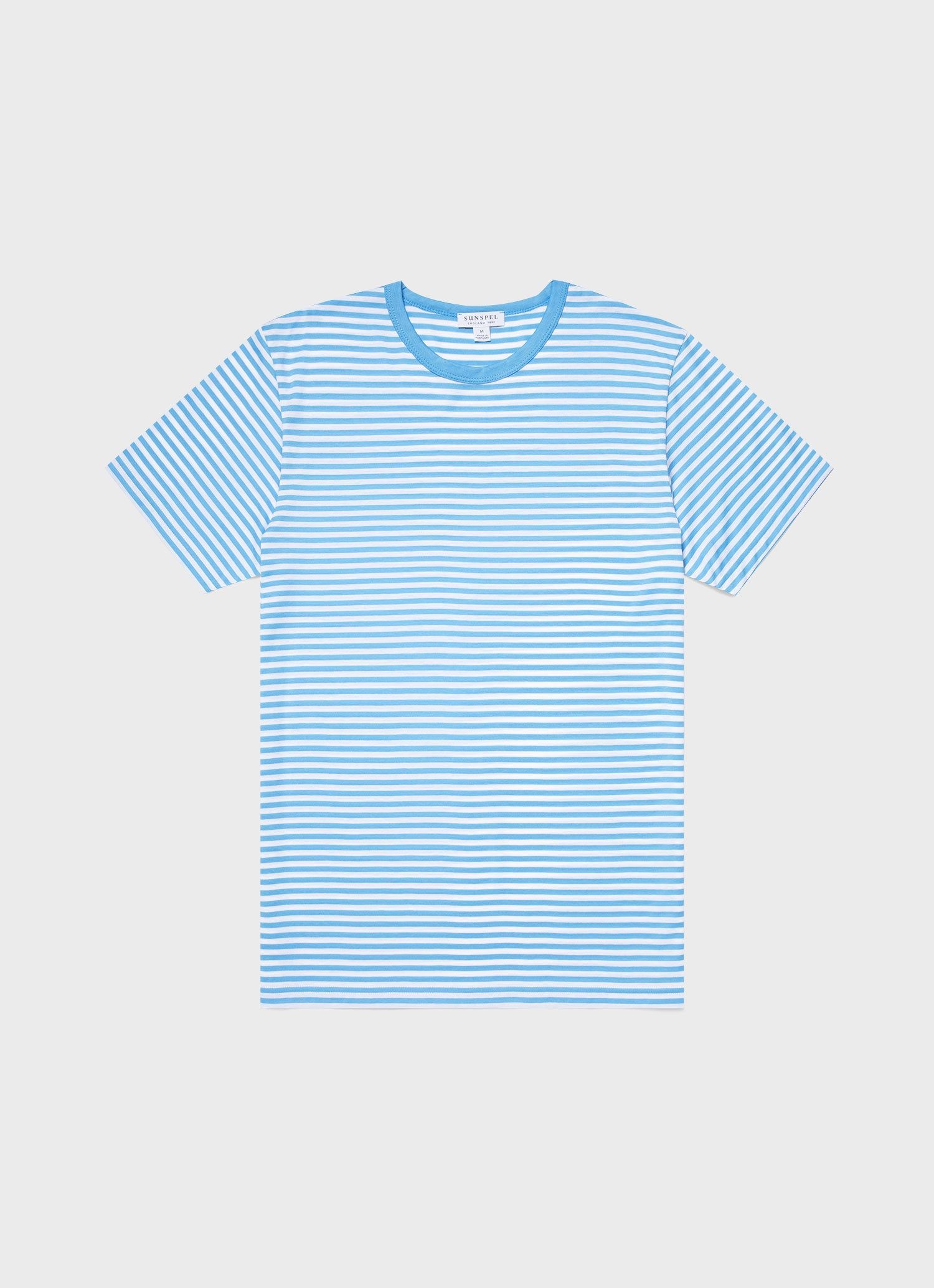 Men's Classic T-shirt in White/Mid Blue English Stripe sold by Sunspel