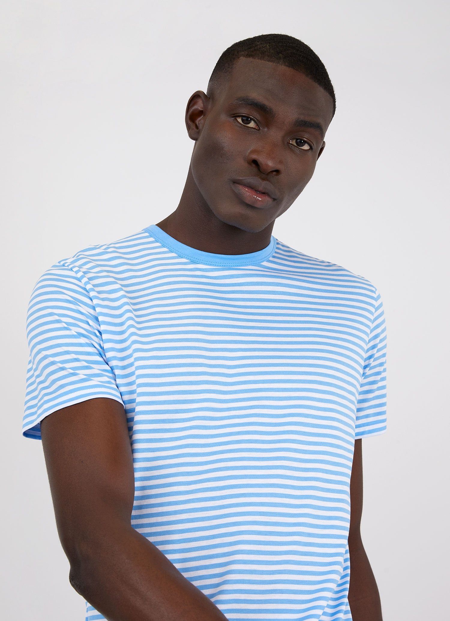 Men's Classic T-shirt in White/Mid Blue English Stripe sold by Sunspel product image thumbnail 5