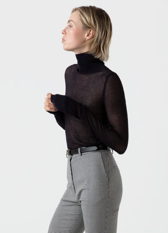 Women's Edie Campbell Open Knit Silk Funnel in Dark Navy made by Sunspel