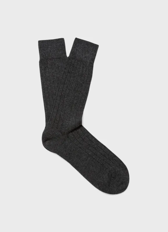 Men's Cashmere Ribbed Socks in Charcoal Melange sold by Sunspel