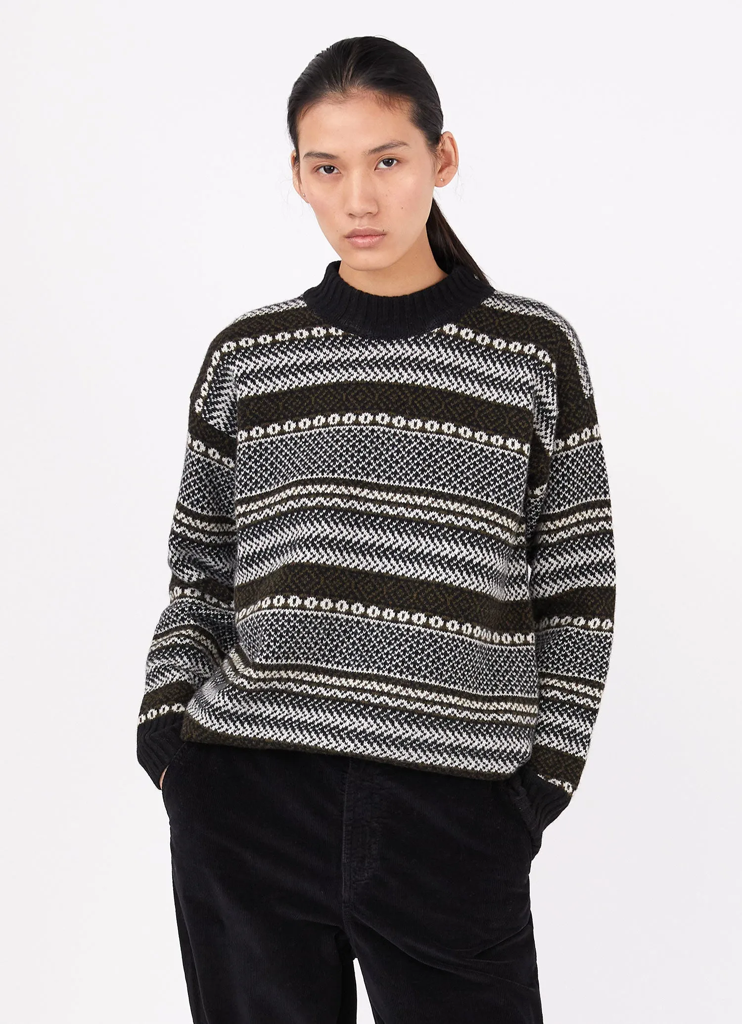 Women's Lambswool Fairisle Jumper in Black/Ecru/Dark Moss Fairisle sold by Sunspel