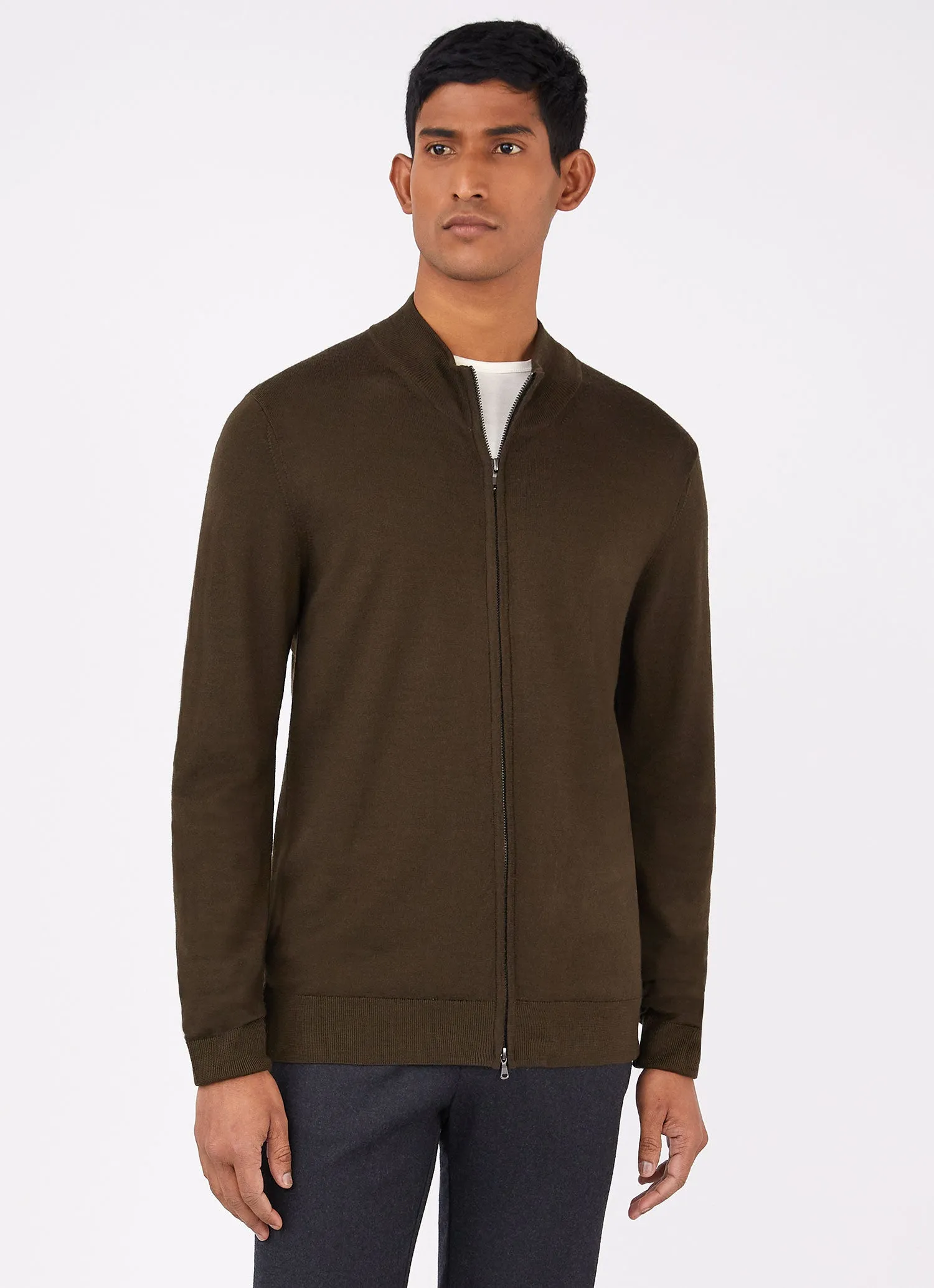 Men's Extra-Fine Merino Zip Cardigan in Dark Moss sold by Sunspel product image thumbnail 2