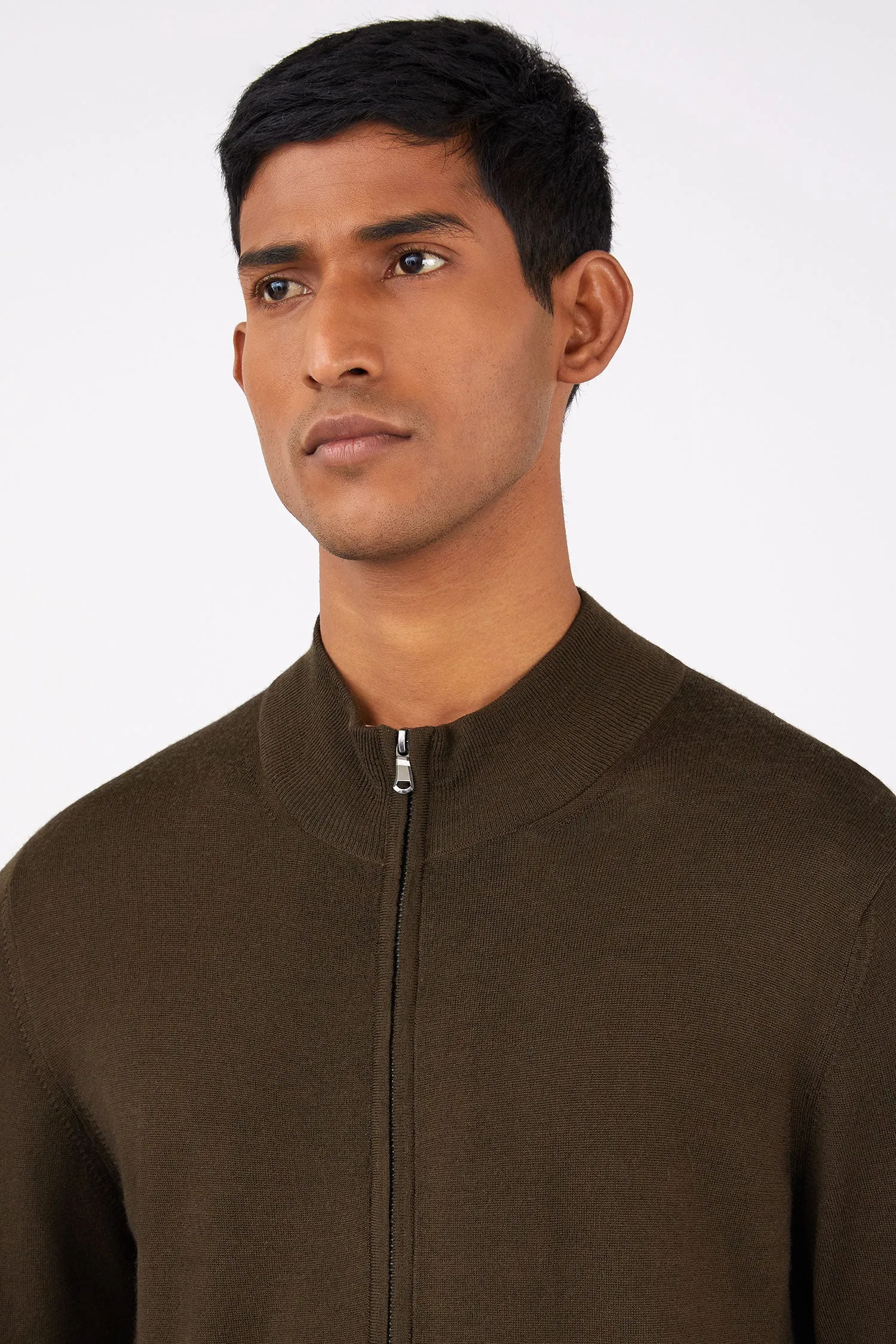 Men's Extra-Fine Merino Zip Cardigan in Dark Moss sold by Sunspel product image thumbnail 5