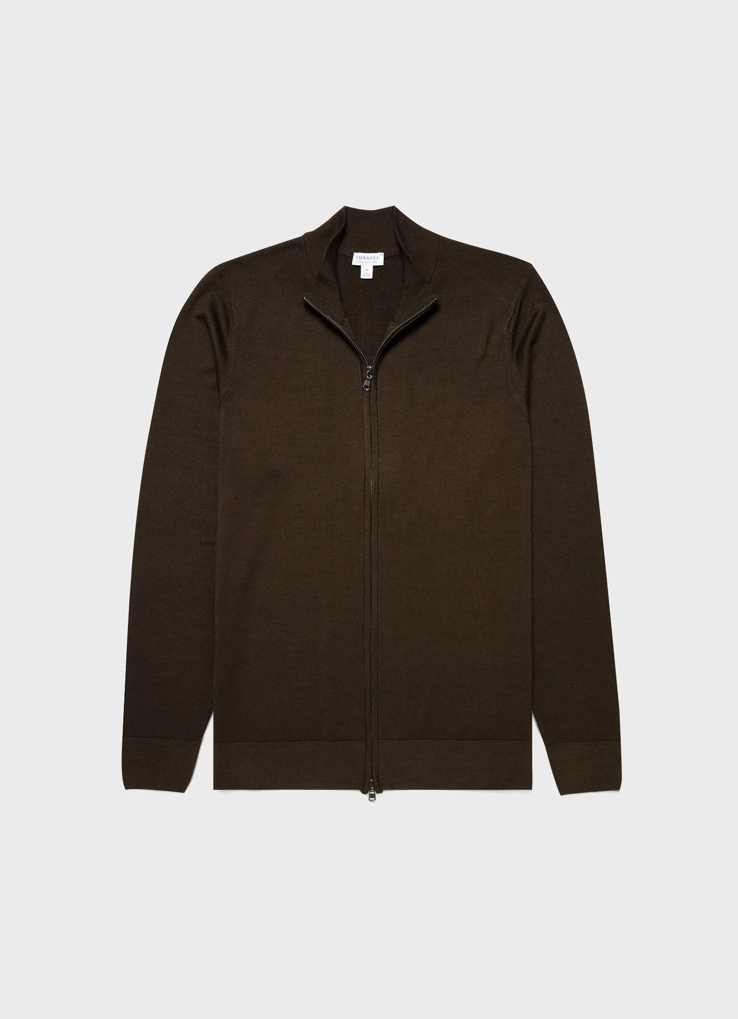 Men's Extra-Fine Merino Zip Cardigan in Dark Moss sold by Sunspel