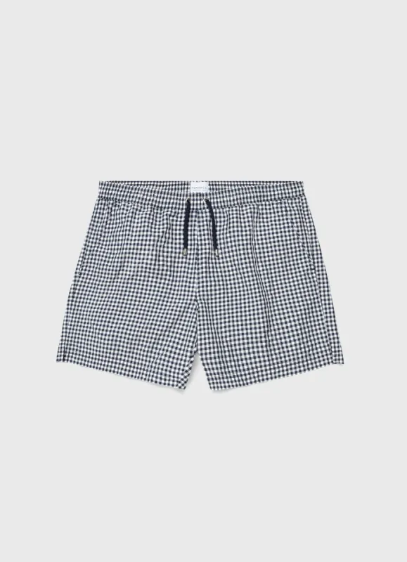 Men's Drawstring Swim Shorts in Navy Gingham sold by Sunspel