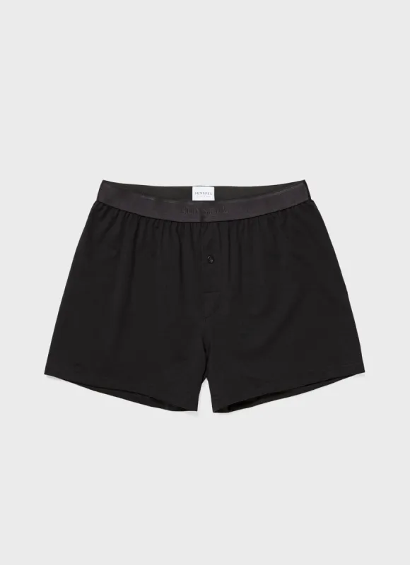 Men's Superfine Cotton One-Button Boxer Shorts in Black sold by Sunspel