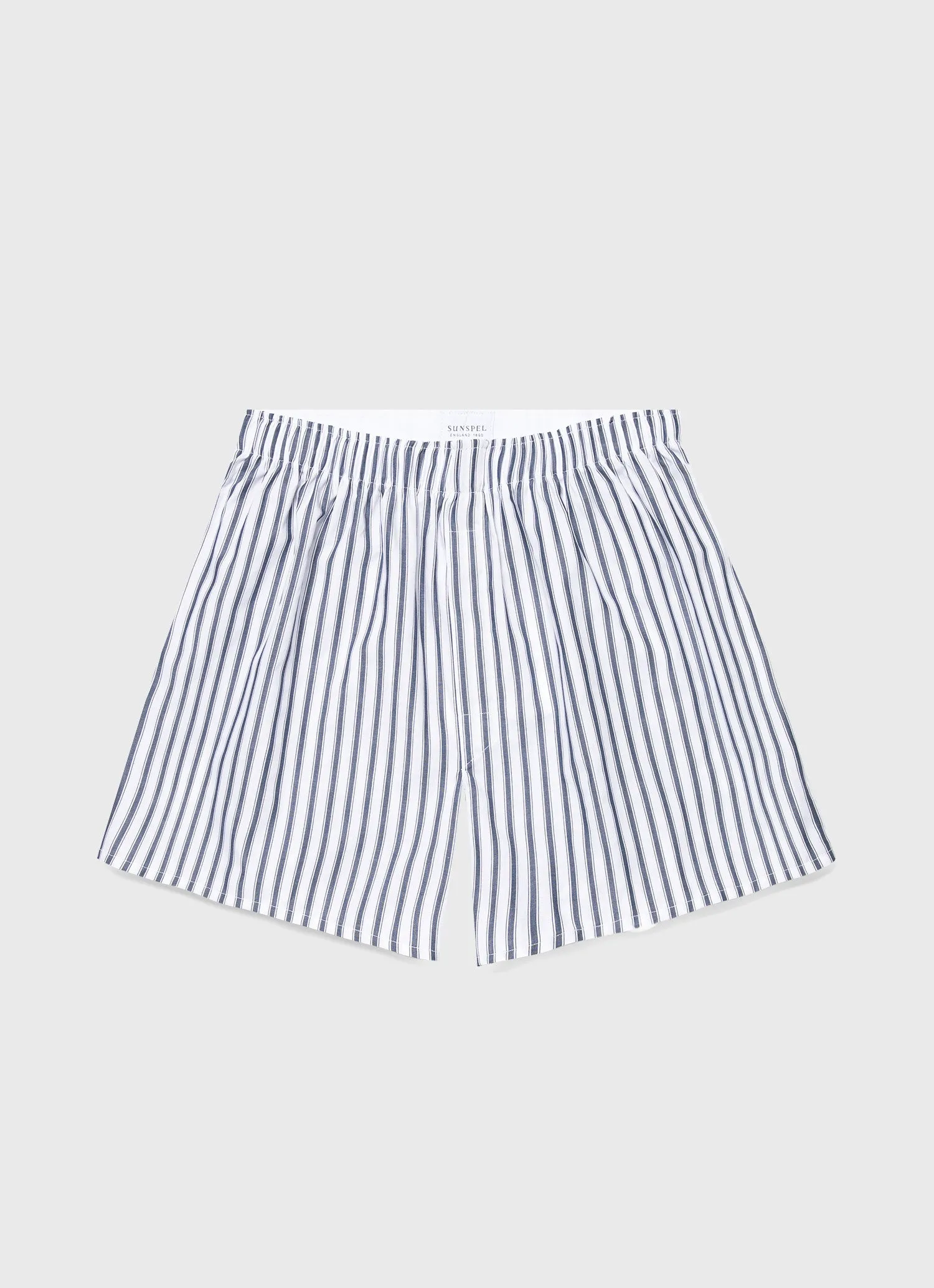Men's Classic Boxer Shorts in White/Navy Stripe sold by Sunspel