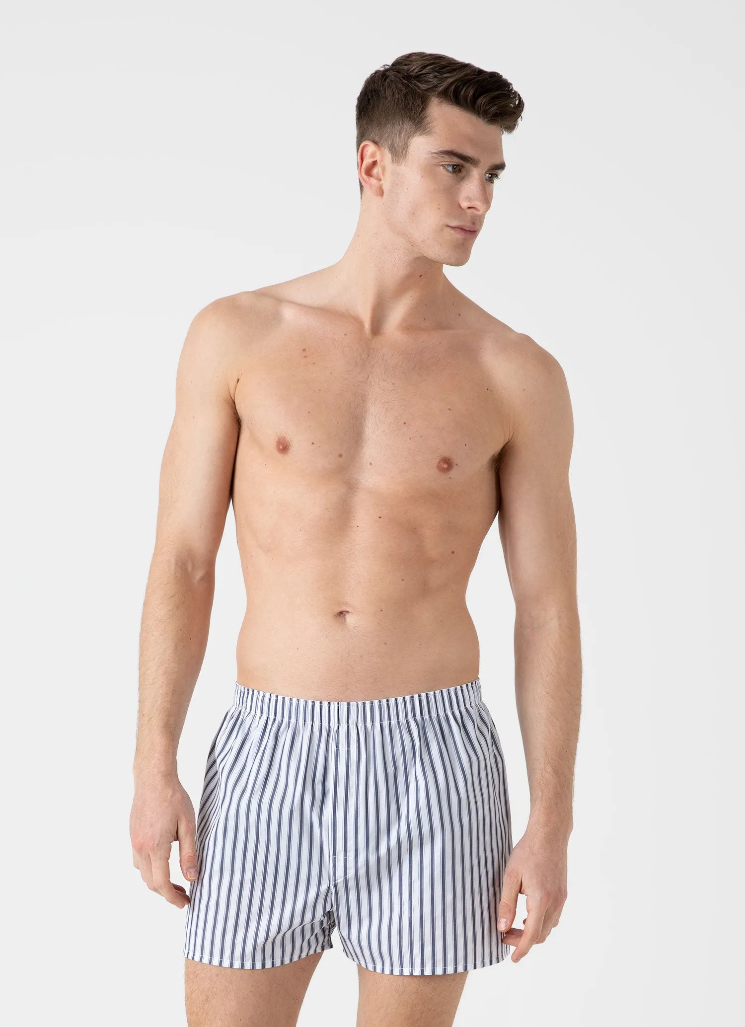 Men's Classic Boxer Shorts in White/Navy Stripe sold by Sunspel product image thumbnail 2