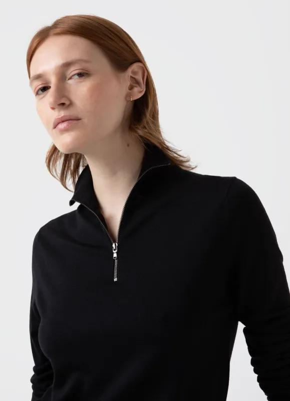 Women's Merino Silk Zip Neck Jumper in Black sold by Sunspel