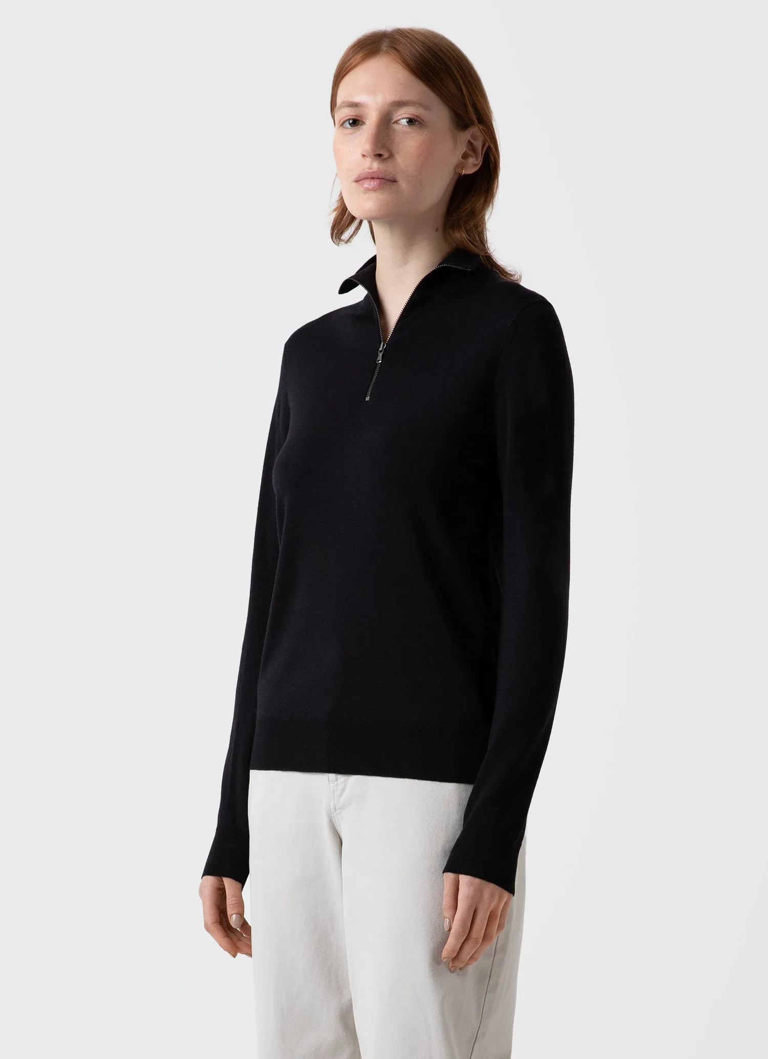 Women's Merino Silk Zip Neck Jumper in Black sold by Sunspel product image thumbnail 2