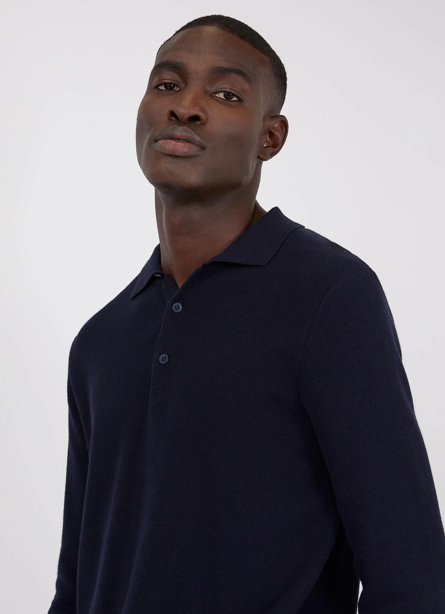 Men's Knit Long Sleeve Polo Shirt in Navy sold by Sunspel product image thumbnail 5