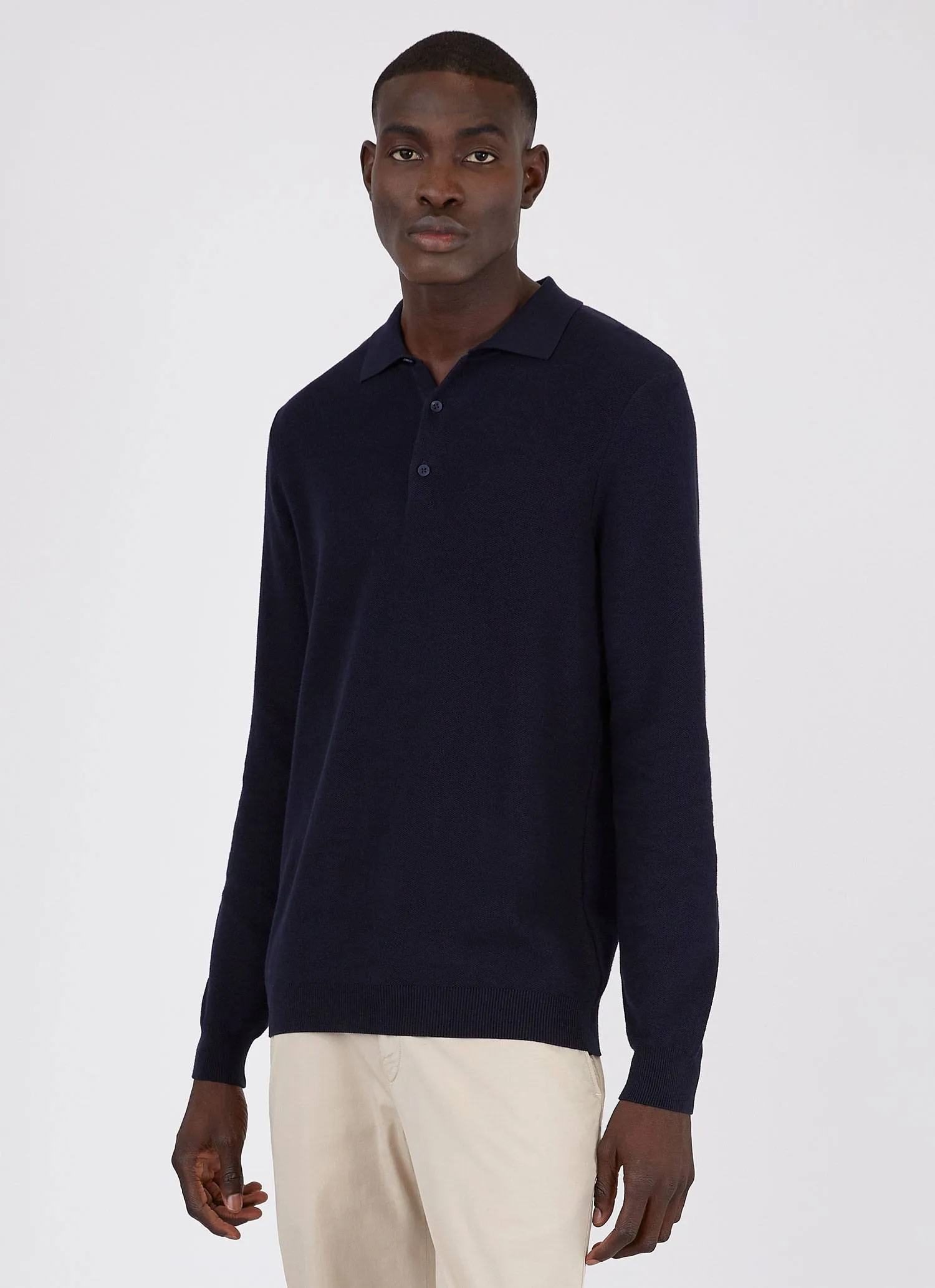 Men's Knit Long Sleeve Polo Shirt in Navy sold by Sunspel product image thumbnail 2