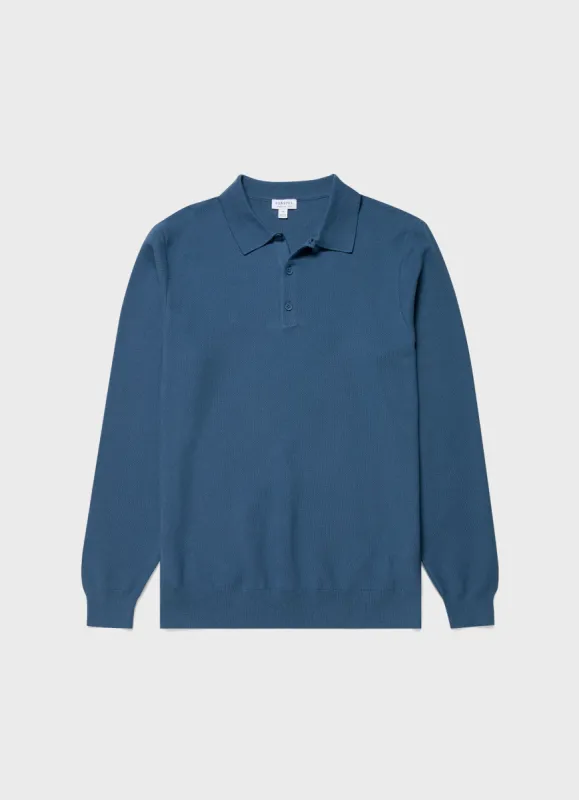 Men's Knit Long Sleeve Polo Shirt in Bluestone sold by Sunspel