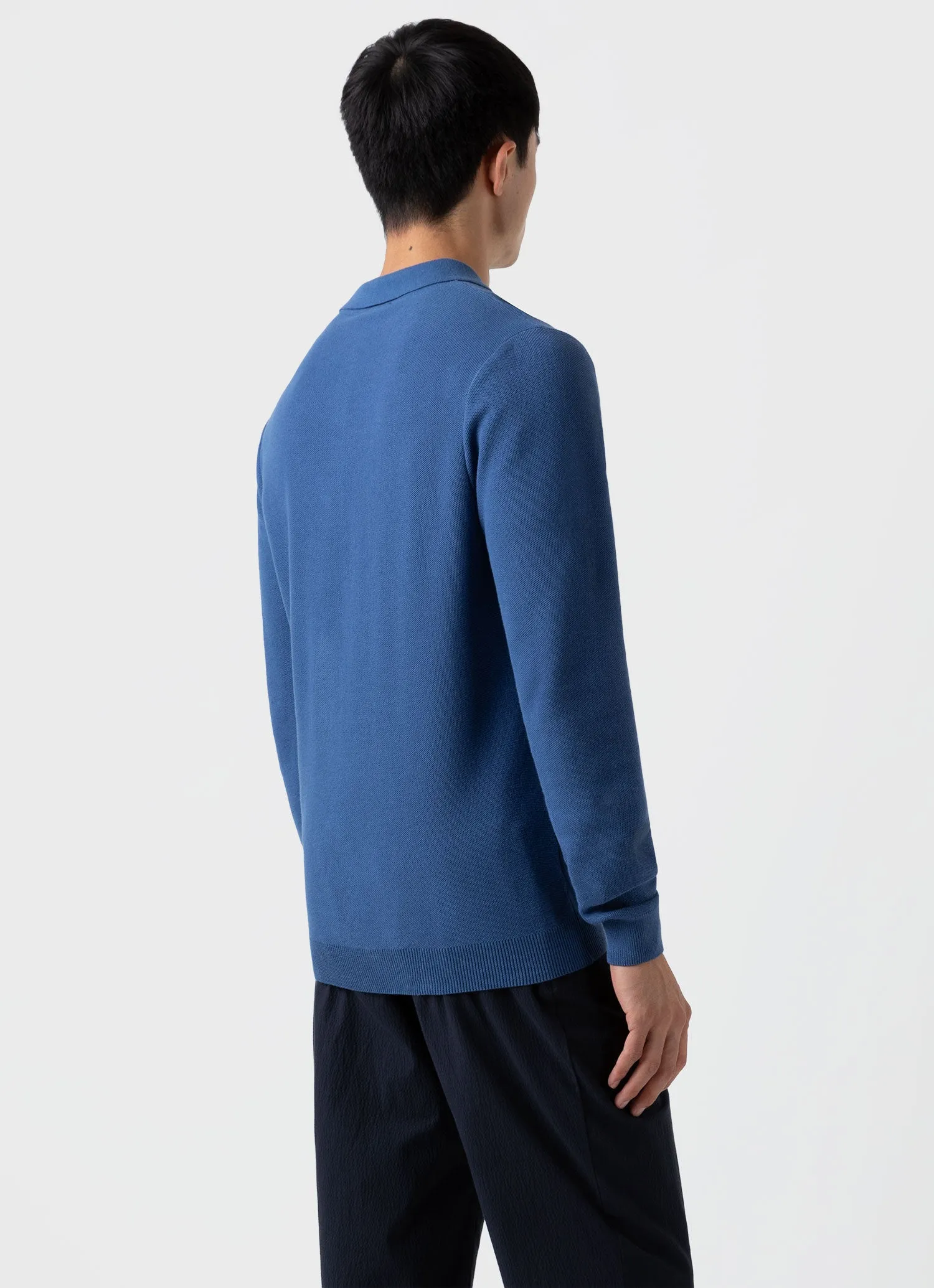 Men's Knit Long Sleeve Polo Shirt in Bluestone sold by Sunspel product image thumbnail 4