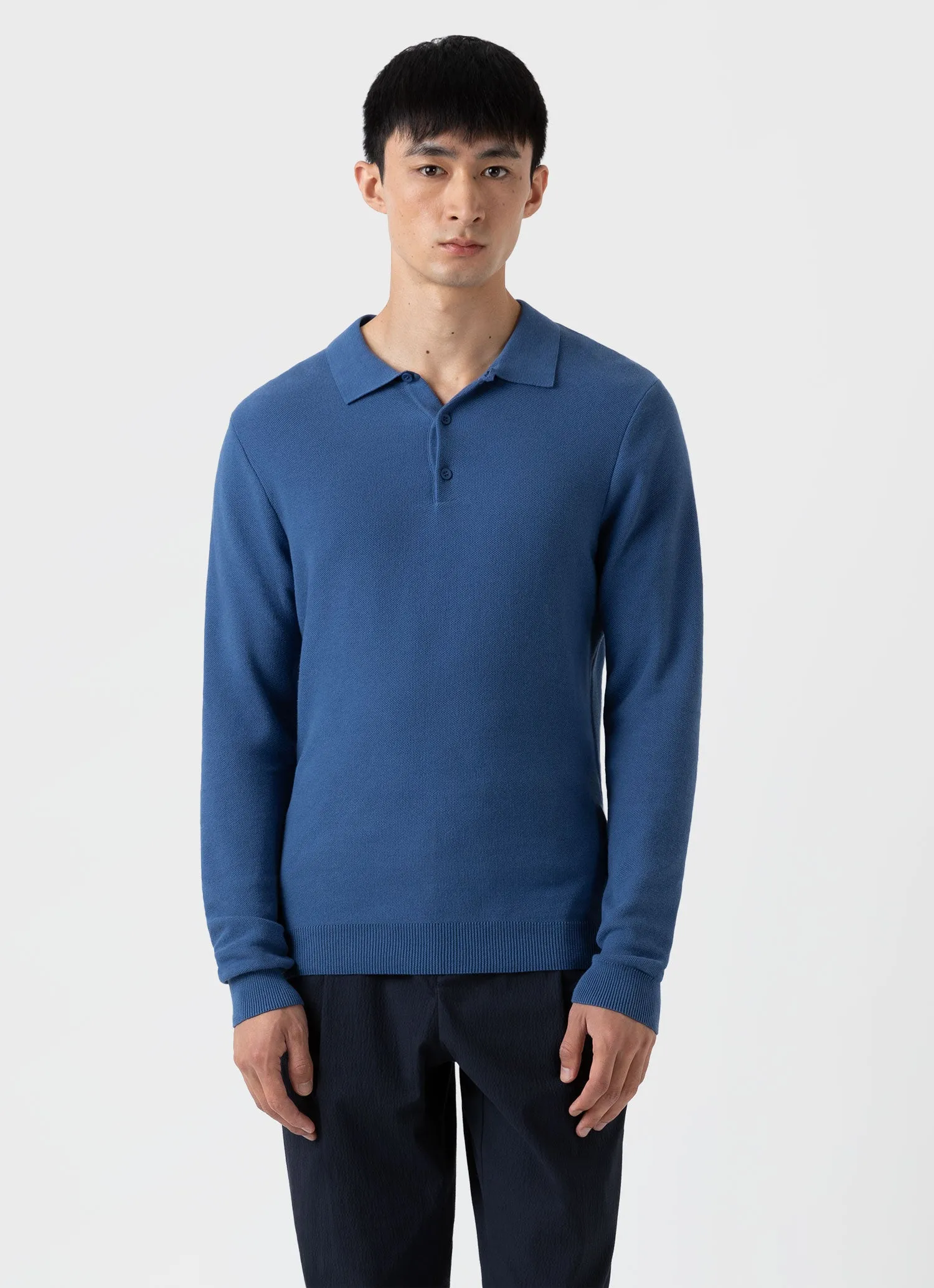 Men's Knit Long Sleeve Polo Shirt in Bluestone sold by Sunspel product image thumbnail 2