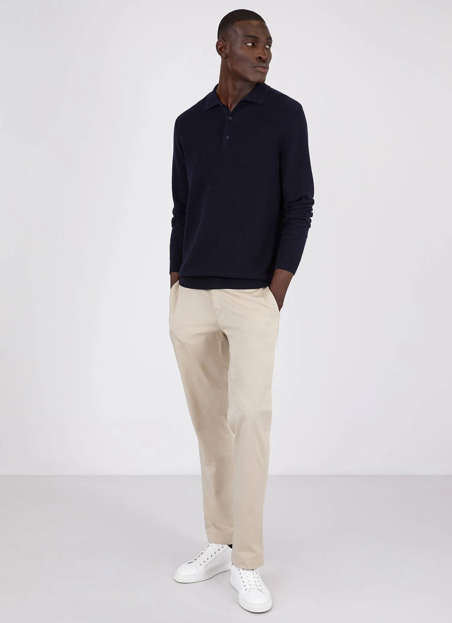 Men's Knit Long Sleeve Polo Shirt in Navy sold by Sunspel product image thumbnail 3