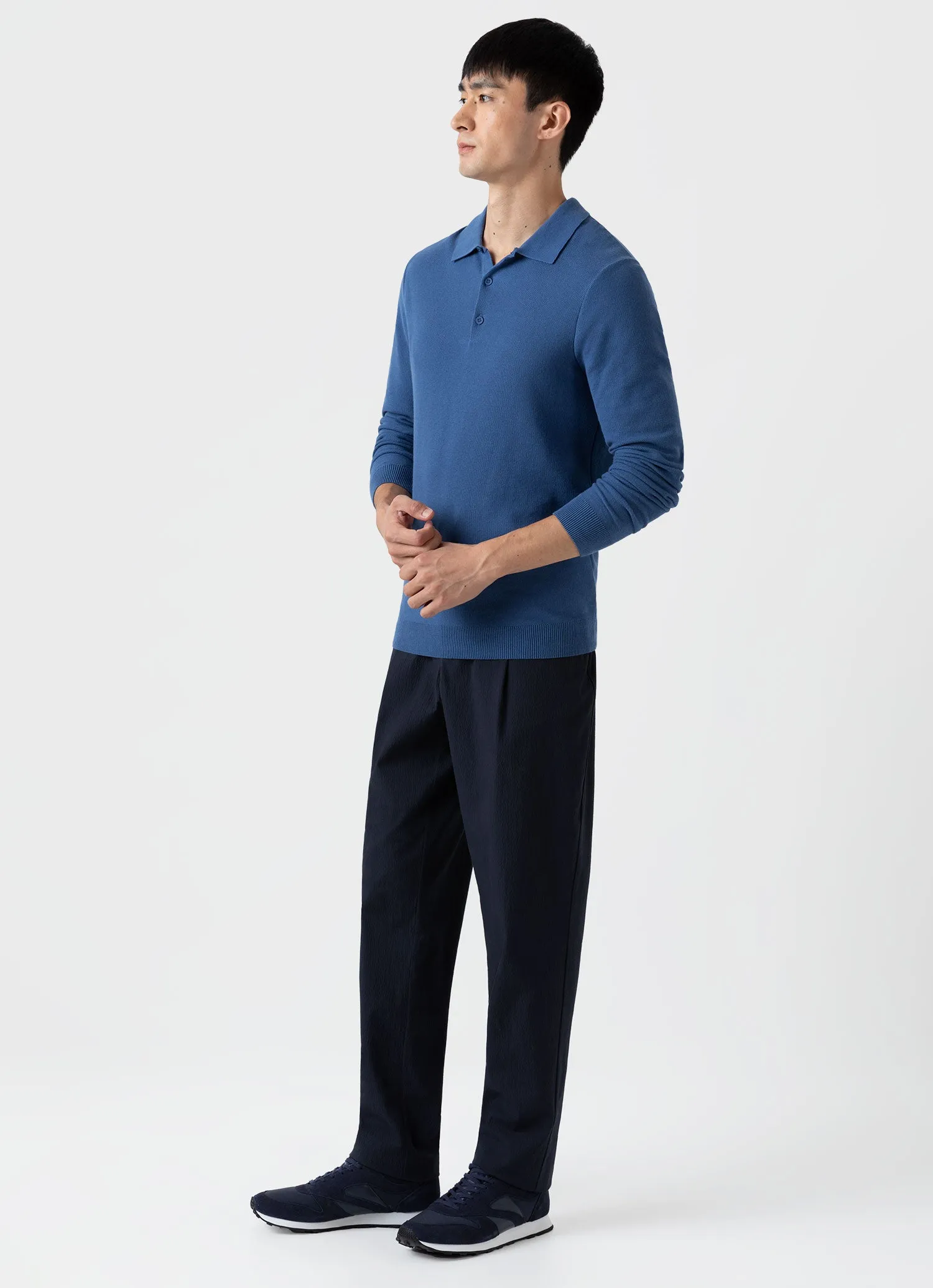 Men's Knit Long Sleeve Polo Shirt in Bluestone sold by Sunspel product image thumbnail 3