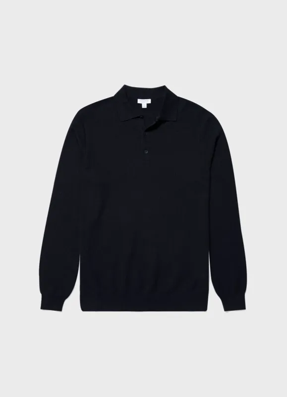Men's Knit Long Sleeve Polo Shirt in Navy sold by Sunspel