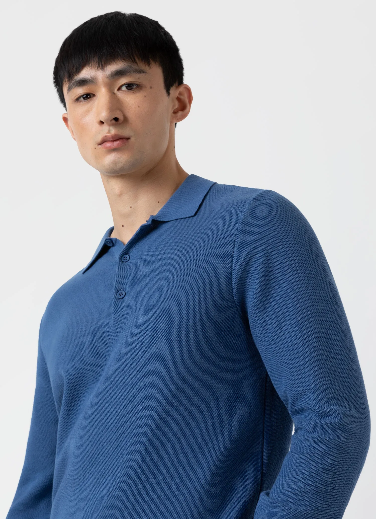 Men's Knit Long Sleeve Polo Shirt in Bluestone sold by Sunspel product image thumbnail 5