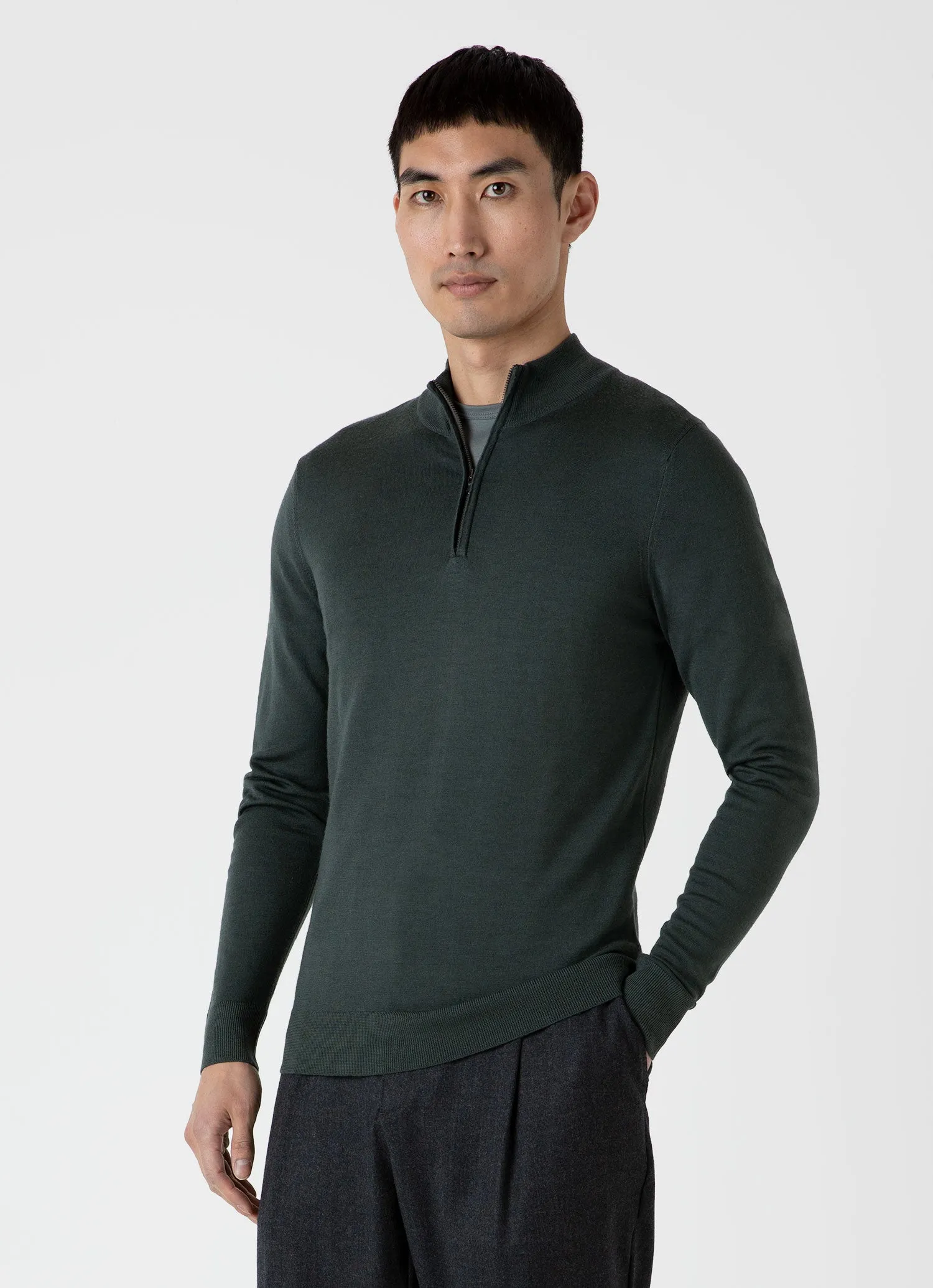 Men's Extra-Fine Merino Zip Neck in Drill Green sold by Sunspel product image thumbnail 2