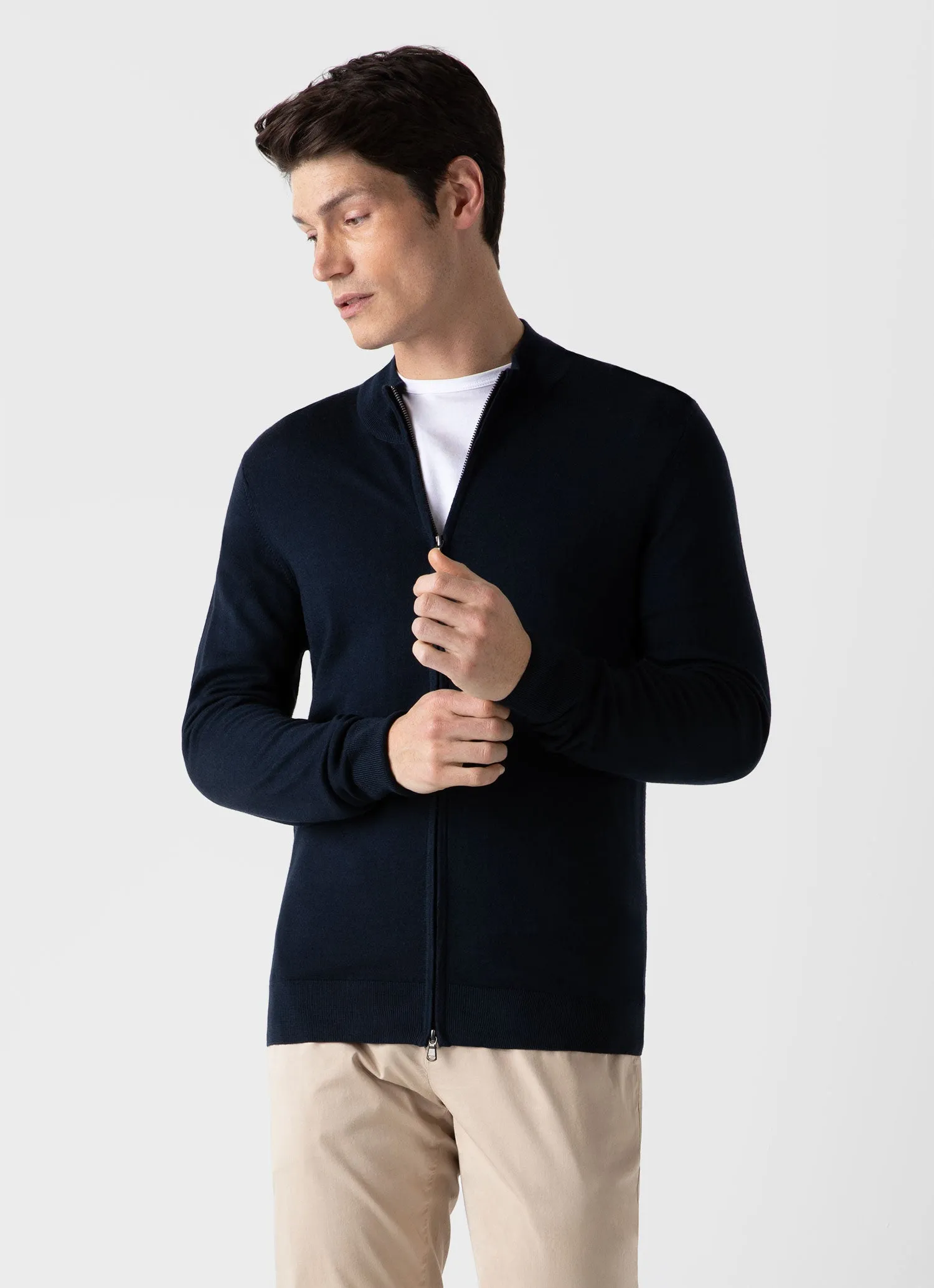 Men's Extra-Fine Merino Zip Cardigan in Light Navy sold by Sunspel product image thumbnail 2