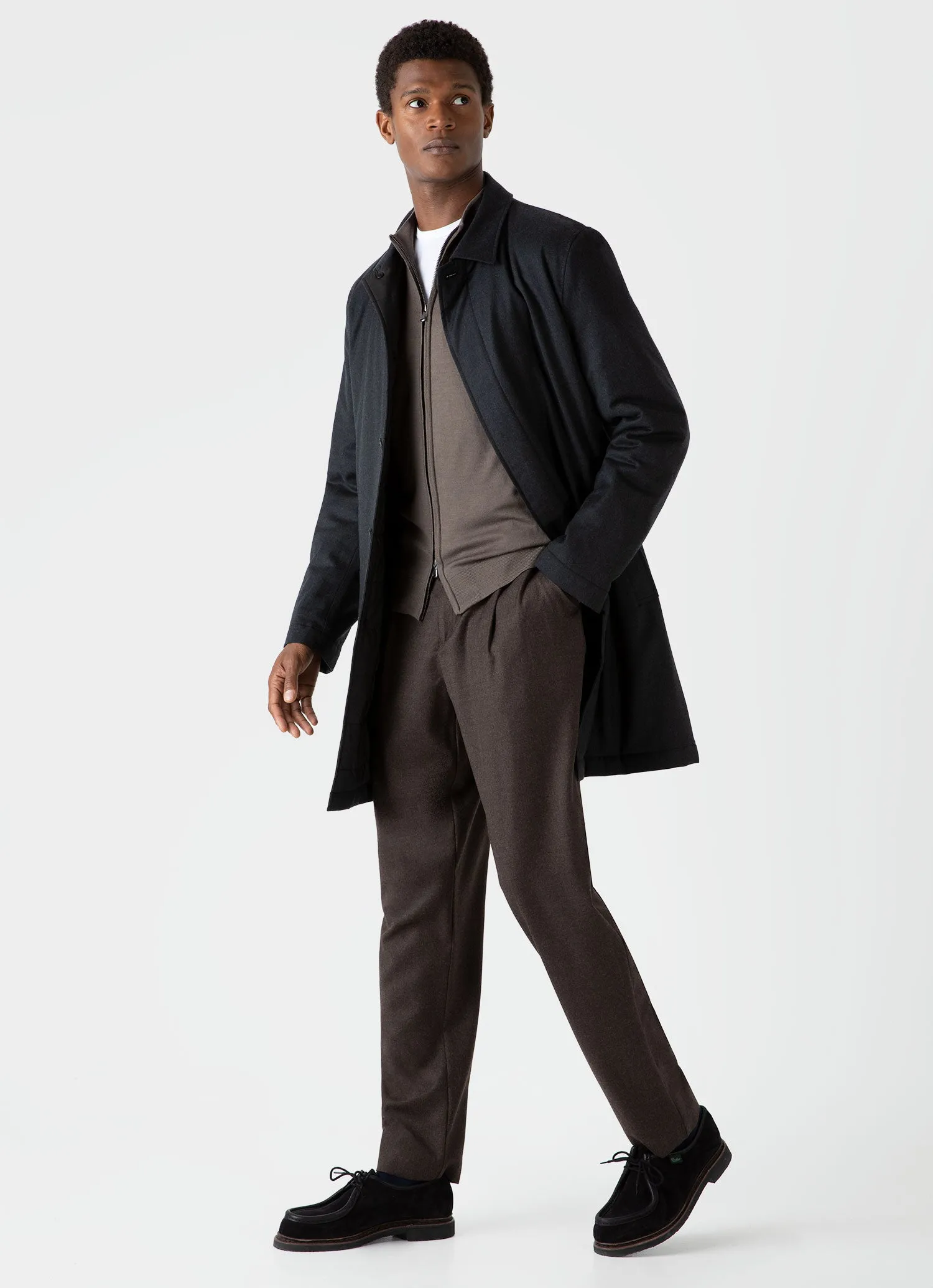 Men's Pleated Wool Flannel Trouser in Dark Brown Melange sold by Sunspel product image thumbnail 2