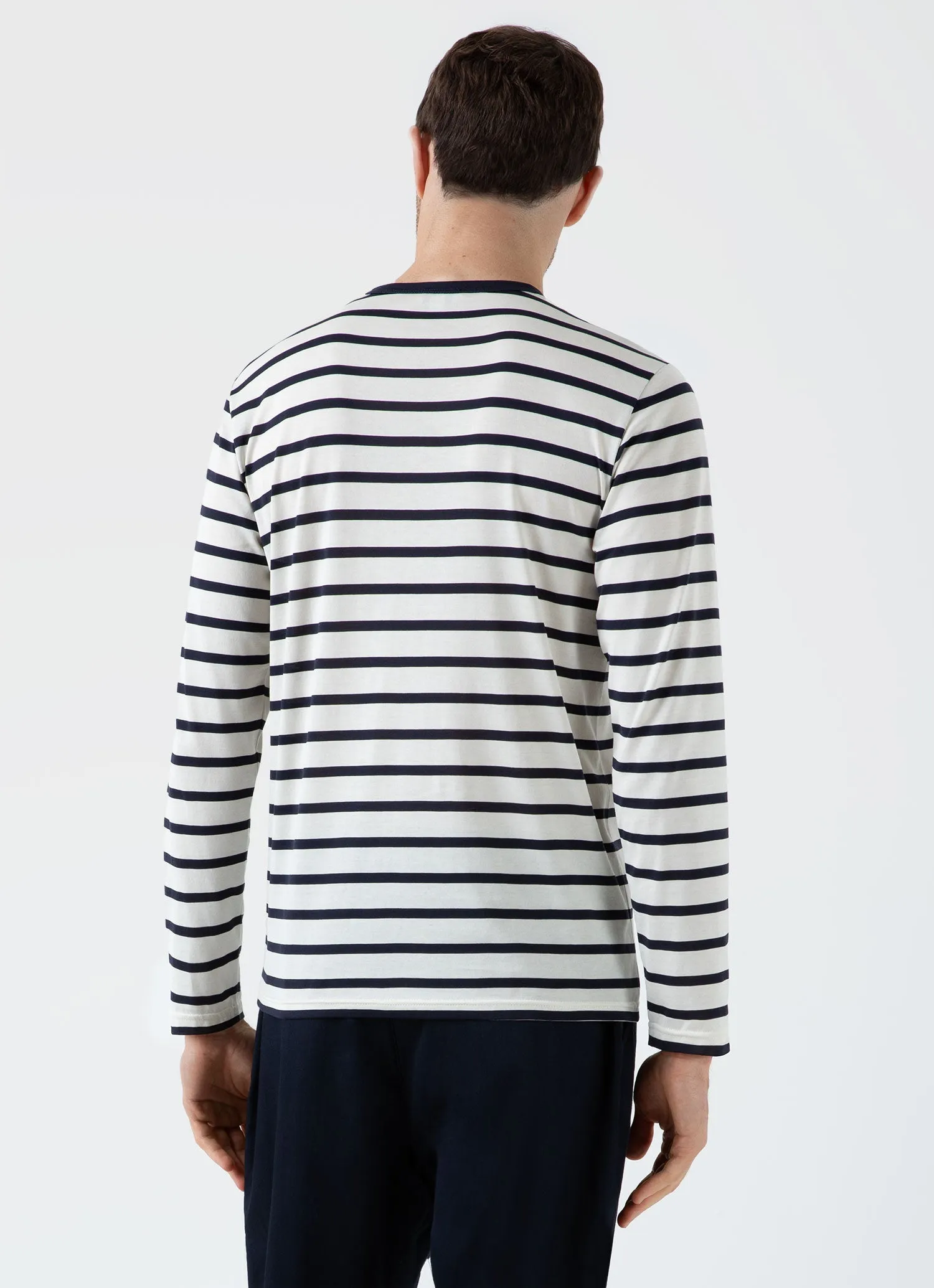 Men's Long Sleeve Classic T-shirt in Ecru/Navy Breton Stripe sold by Sunspel product image thumbnail 5