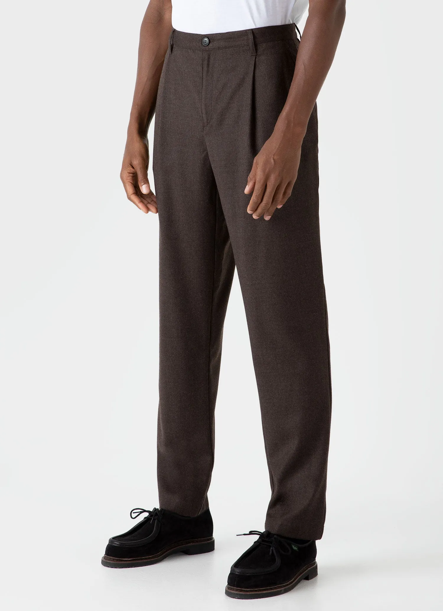 Men's Pleated Wool Flannel Trouser in Dark Brown Melange sold by Sunspel product image thumbnail 3