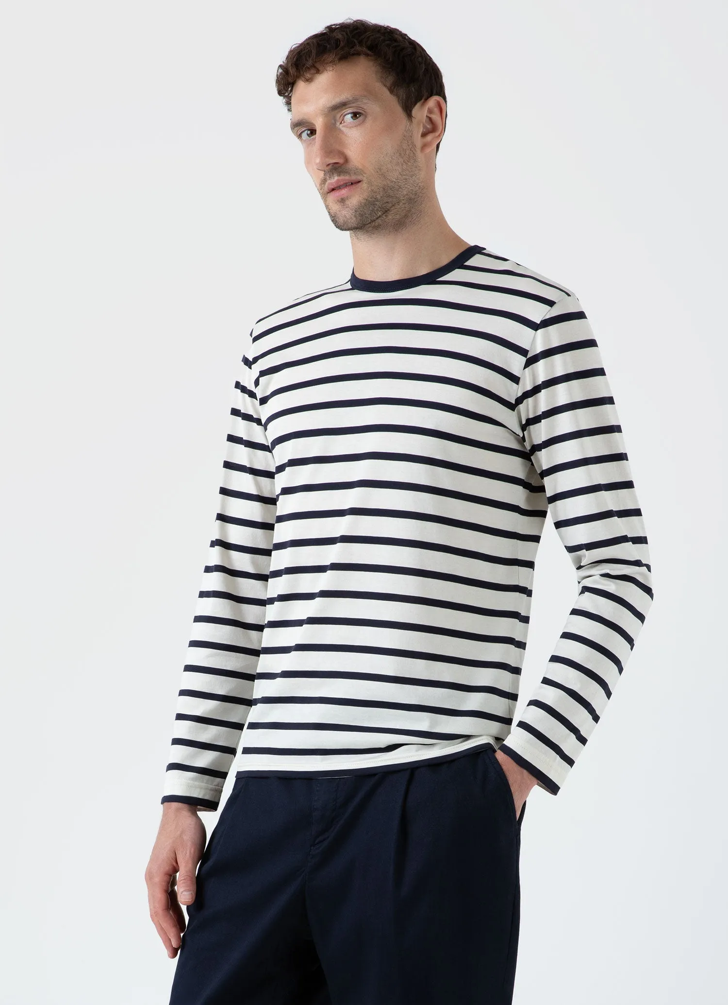 Men's Long Sleeve Classic T-shirt in Ecru/Navy Breton Stripe sold by Sunspel product image thumbnail 2