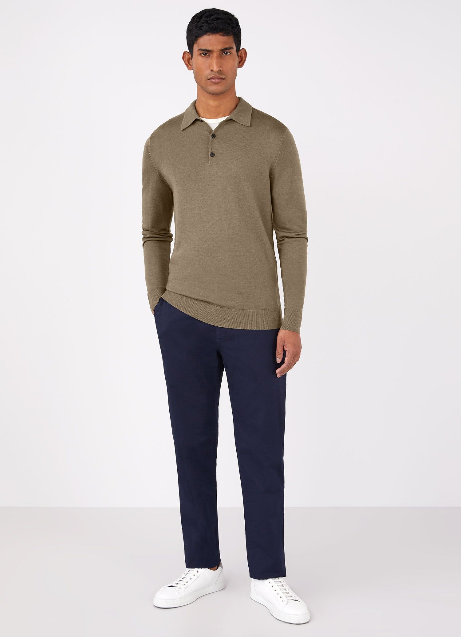 Men's Extra-Fine Merino Polo Shirt in Caper sold by Sunspel product image thumbnail 3