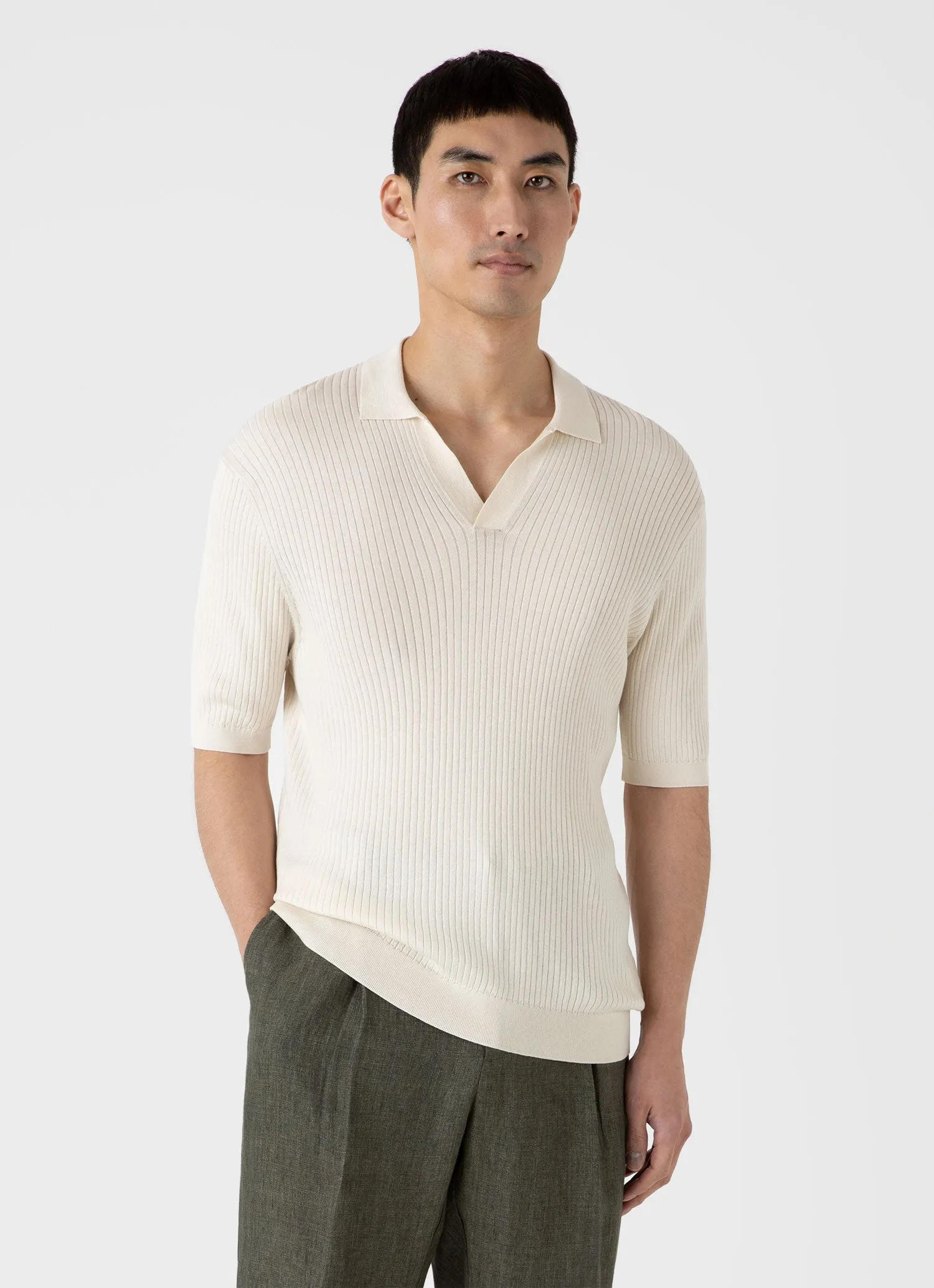 Men's Fine Rib Silk Cotton Polo Shirt in Ecru sold by Sunspel product image thumbnail 2