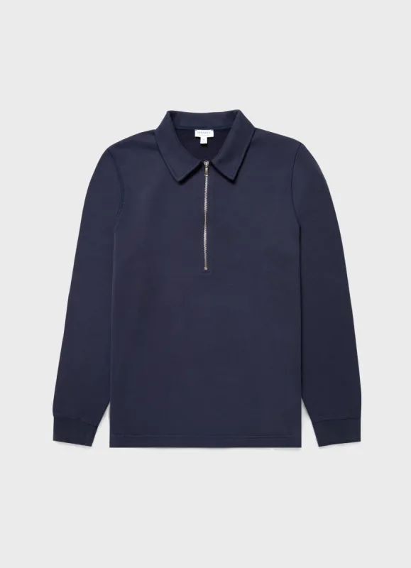 Men's Zip Polo Loopback Sweatshirt in Navy sold by Sunspel