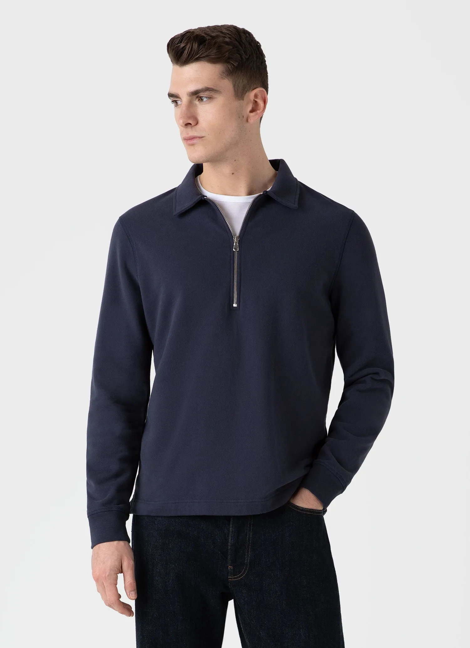Men's Zip Polo Loopback Sweatshirt in Navy sold by Sunspel product image thumbnail 2
