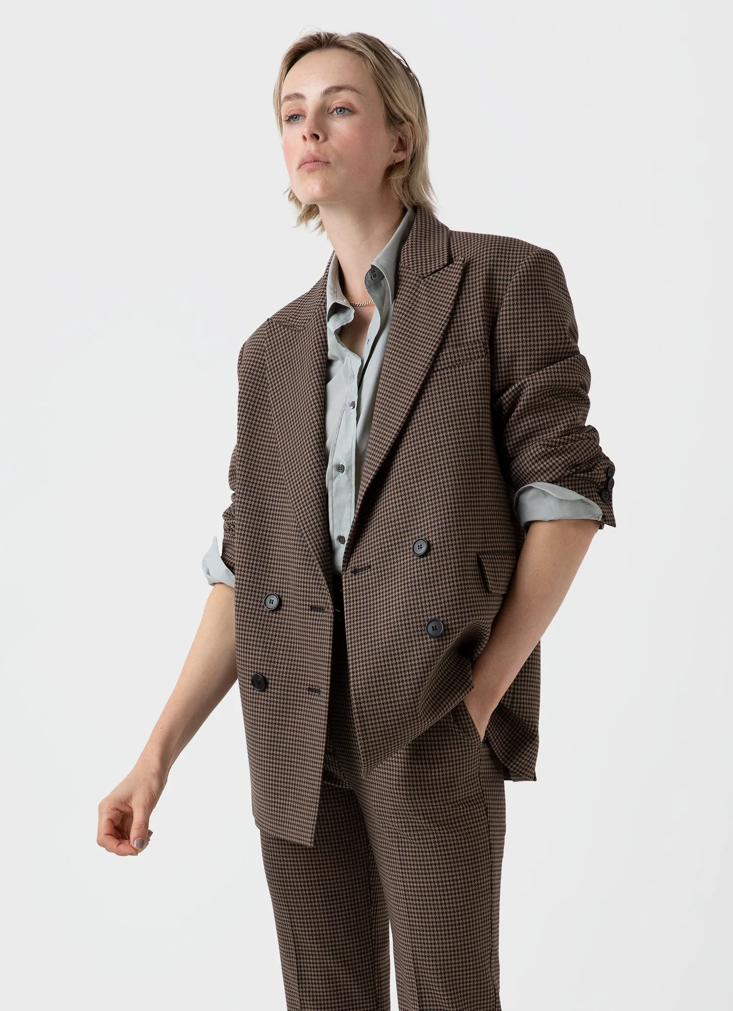 Women's Edie Campbell Double Breasted Blazer in Black/Tan Check sold by Sunspel