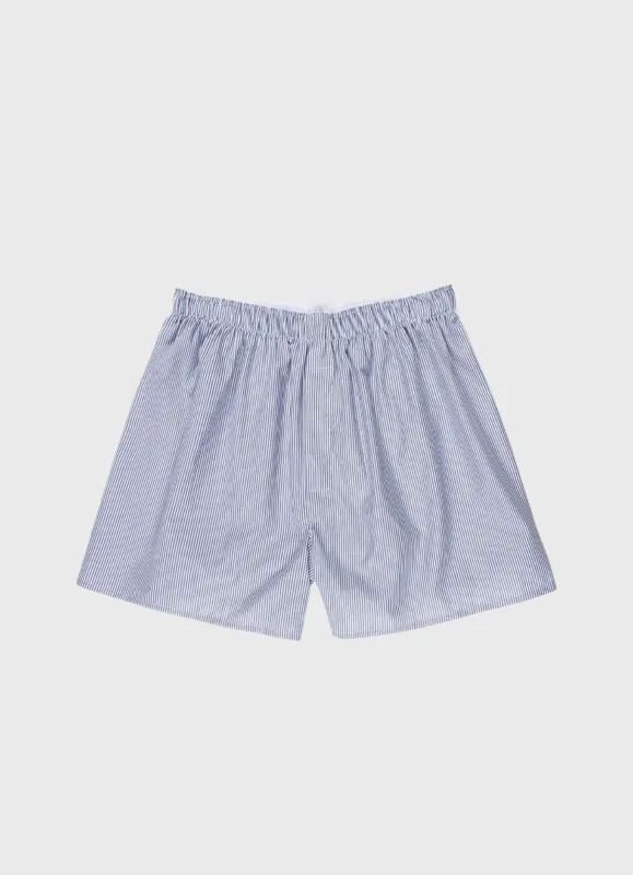 Men's Classic Boxer Shorts in White/Navy Pinstripe sold by Sunspel