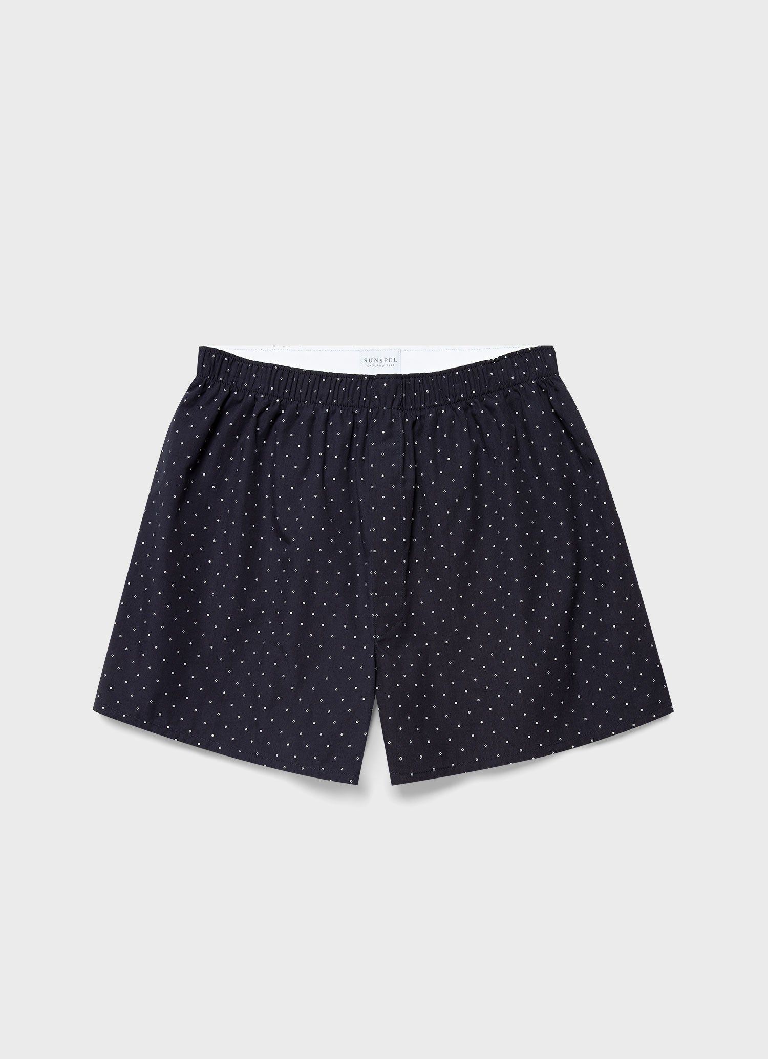 Men's Classic Print Boxer Shorts in Navy/White Dots sold by Sunspel
