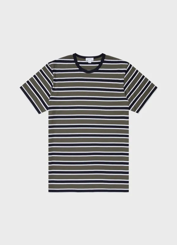Men's Classic T-shirt in Navy/Hunter Green Holiday Stripe sold by Sunspel