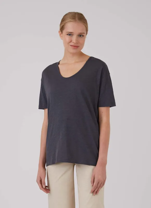 Women's Cotton Linen Relaxed Fit U-Neck T-shirt in Charcoal sold by Sunspel