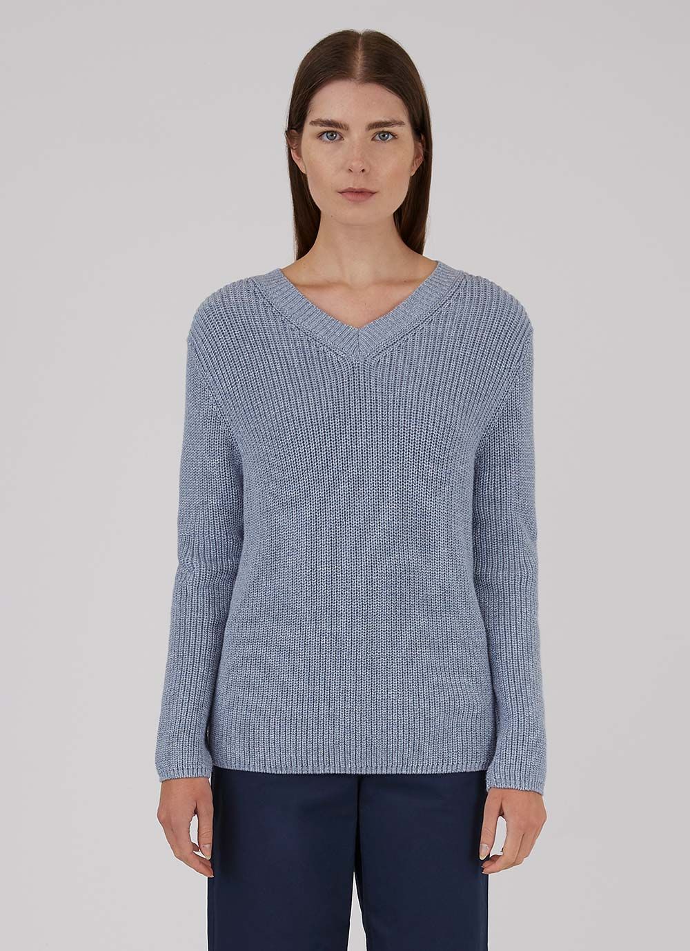 Women's Cotton Rib V Neck Jumper in Blue Twist sold by Sunspel
