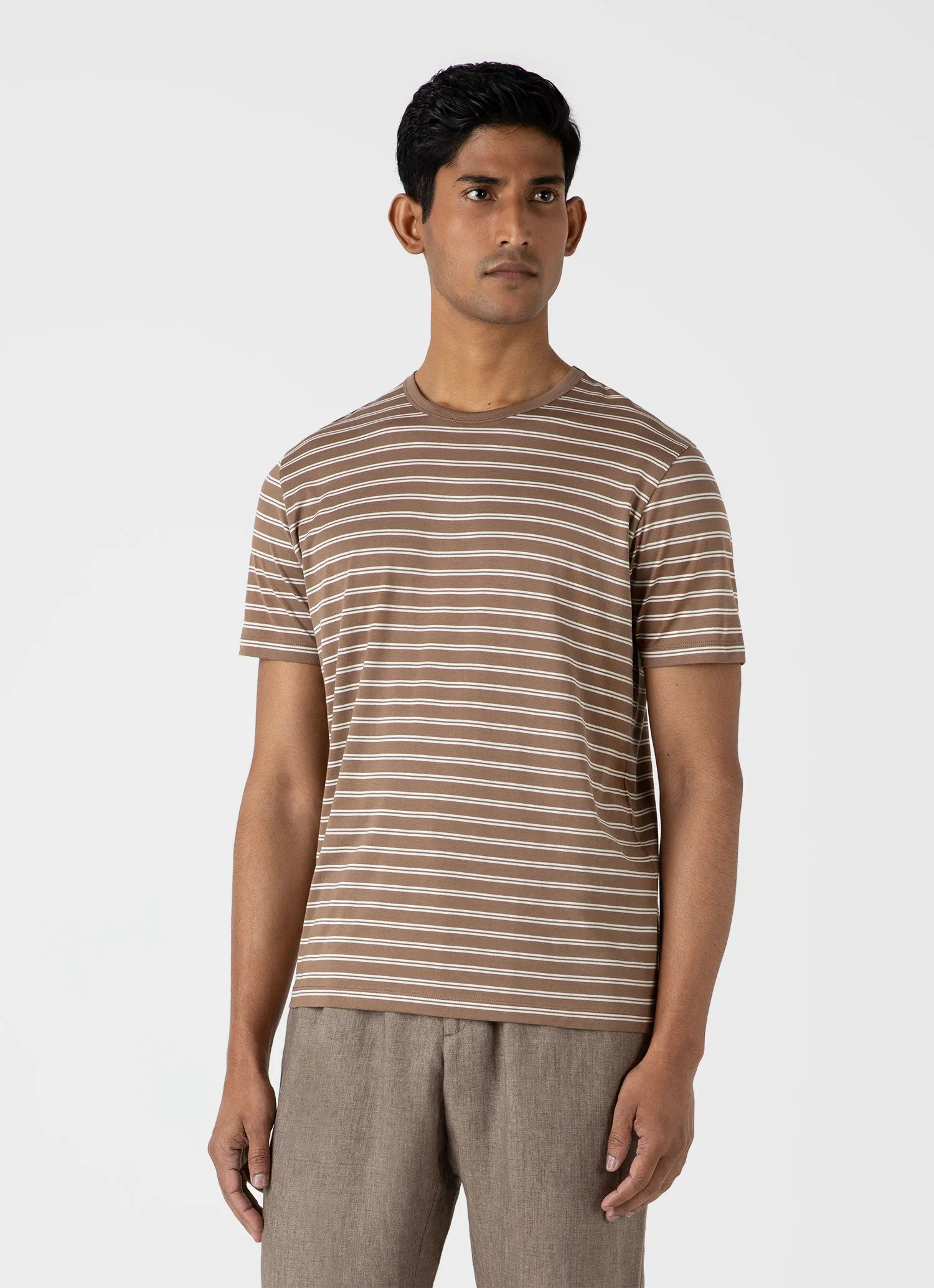 Men's Classic T-shirt in Dark Sand/Ecru Tramline Stripe sold by Sunspel product image thumbnail 2