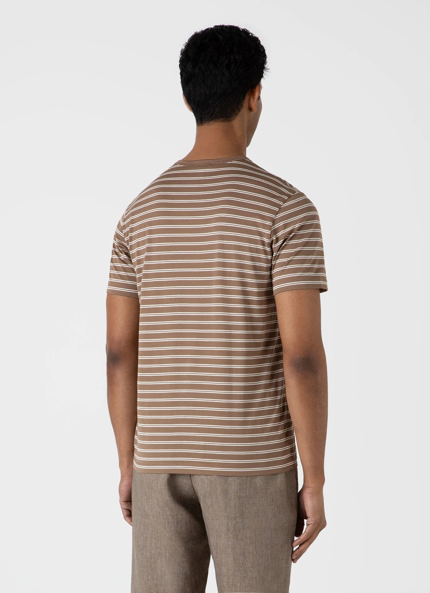 Men's Classic T-shirt in Dark Sand/Ecru Tramline Stripe sold by Sunspel product image thumbnail 5