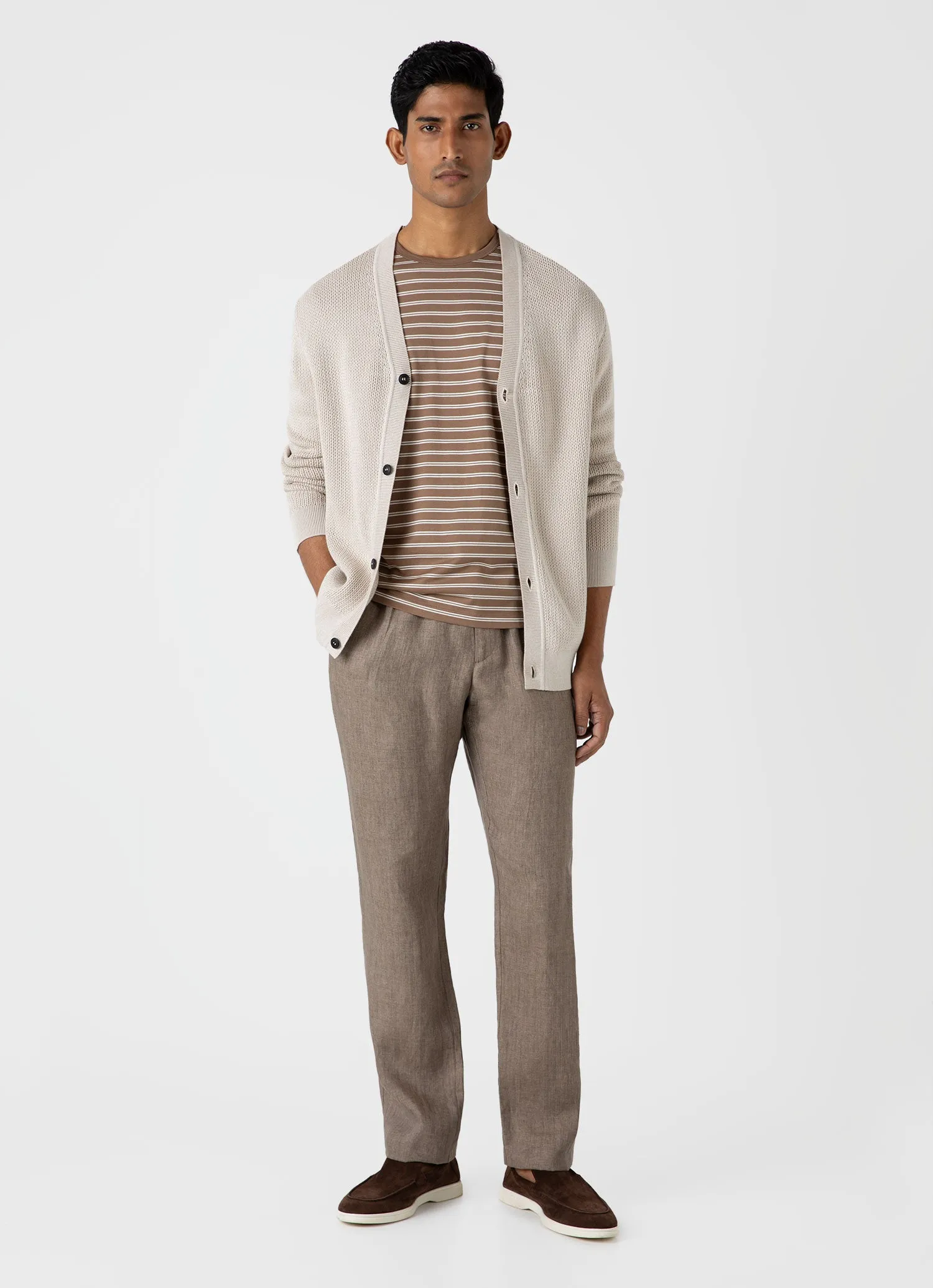 Men's Classic T-shirt in Dark Sand/Ecru Tramline Stripe sold by Sunspel product image thumbnail 3