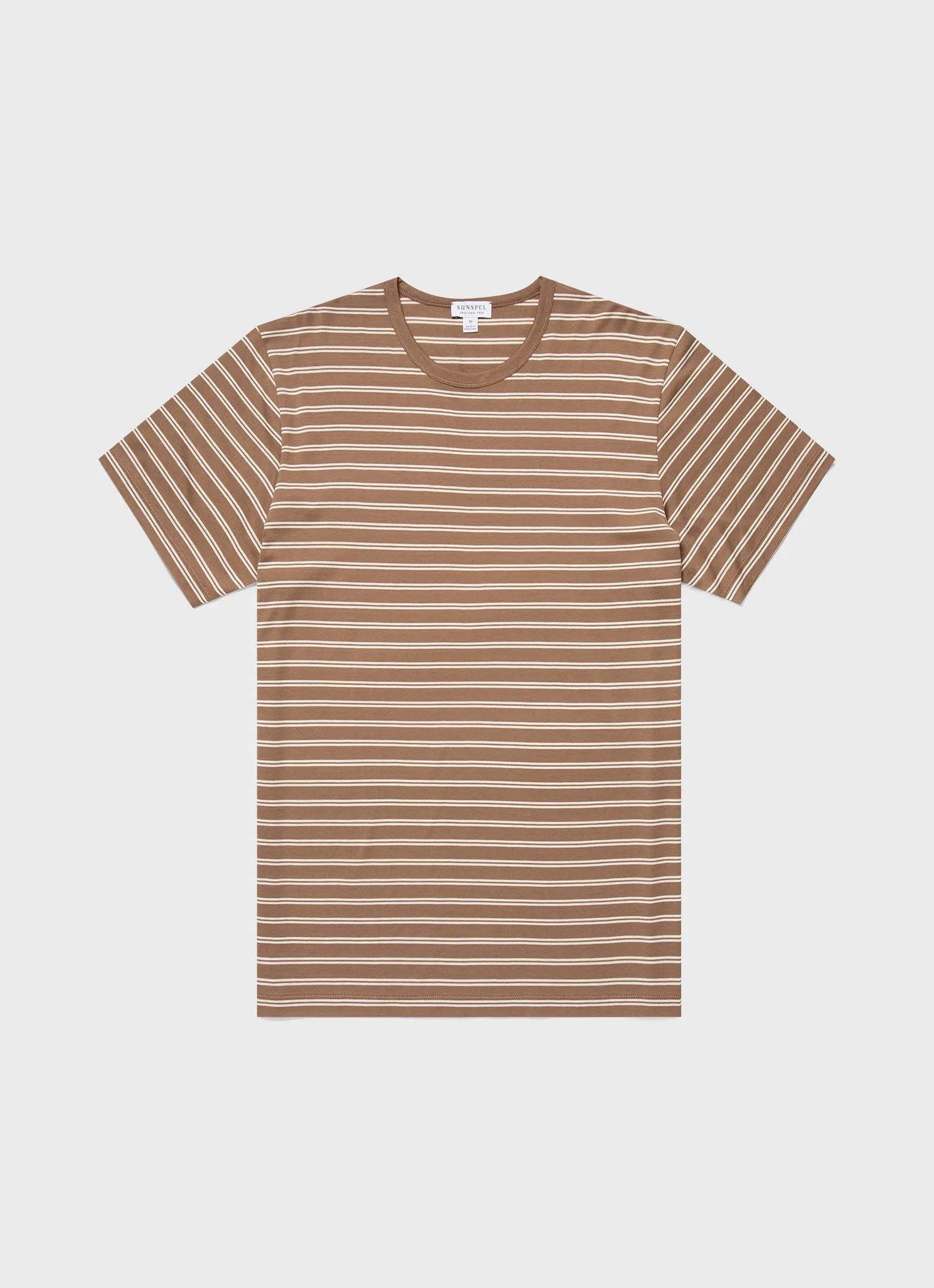 Men's Classic T-shirt in Dark Sand/Ecru Tramline Stripe sold by Sunspel