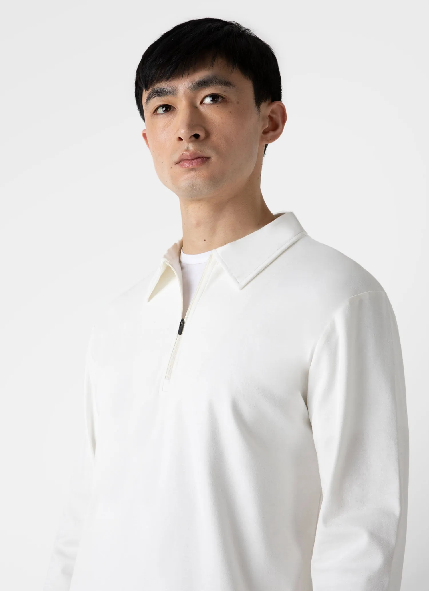 Men's Brushed Cotton Long Sleeve Polo Shirt in Ecru sold by Sunspel product image thumbnail 5
