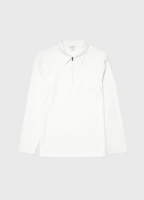 Men's Brushed Cotton Long Sleeve Polo Shirt in Ecru sold by Sunspel