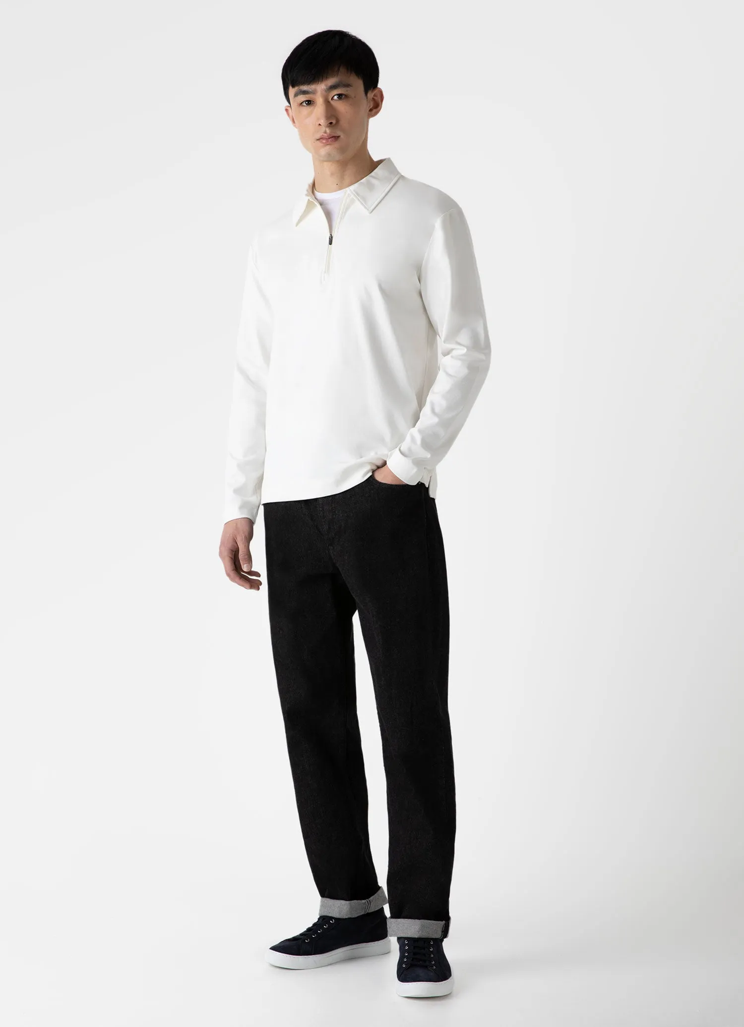 Men's Brushed Cotton Long Sleeve Polo Shirt in Ecru sold by Sunspel product image thumbnail 3